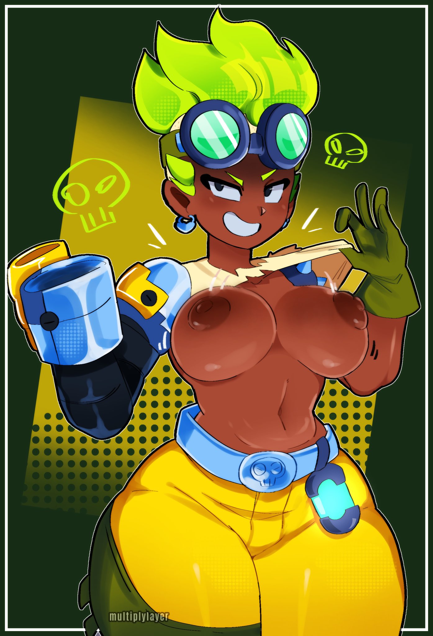 1girls 2023 absurd_res big_breasts brawl_stars busty dark-skinned_female dark_skin female female_focus female_only glasses glasses_on_head gloves green_hair huge_breasts large_breasts maisie_(brawl_stars) marauder_maisie multiplylayer solo solo_female solo_focus standing supercell tagme thick_thighs wide_hips