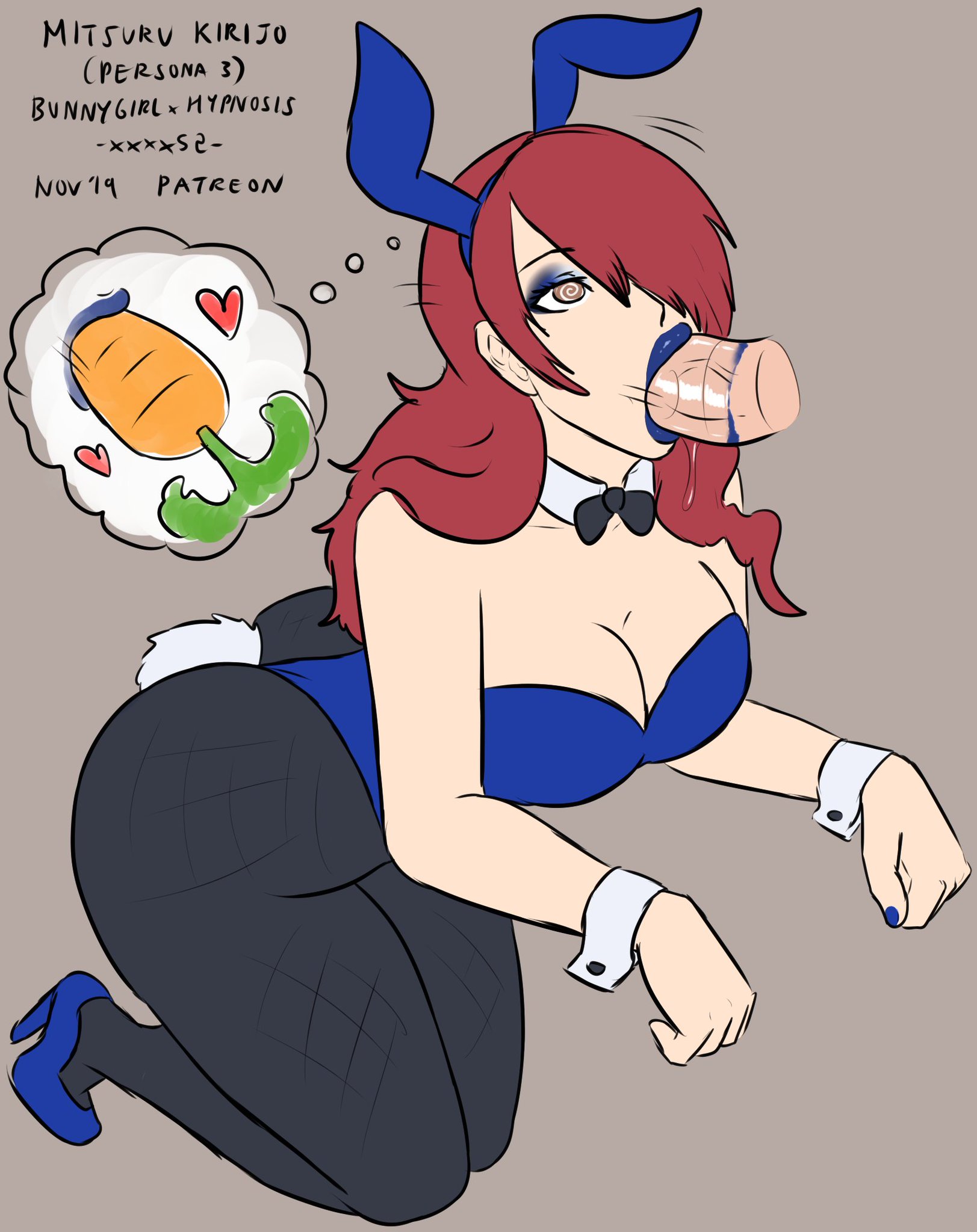 1girls, 2019, blowjob, blue lipstick, blue nails, bunny ears, bunny girl, bunnysuit, dated, disembodied penis, exotic colors, fellatio, female, high heels, hypnosis, hypnotized, kneeling, lipstick, lipstick mark, lipstick on penis, male, mind control, mitsuru kirijo, nail polish, oral, oral sex, penis, persona, persona 3, xxxx52