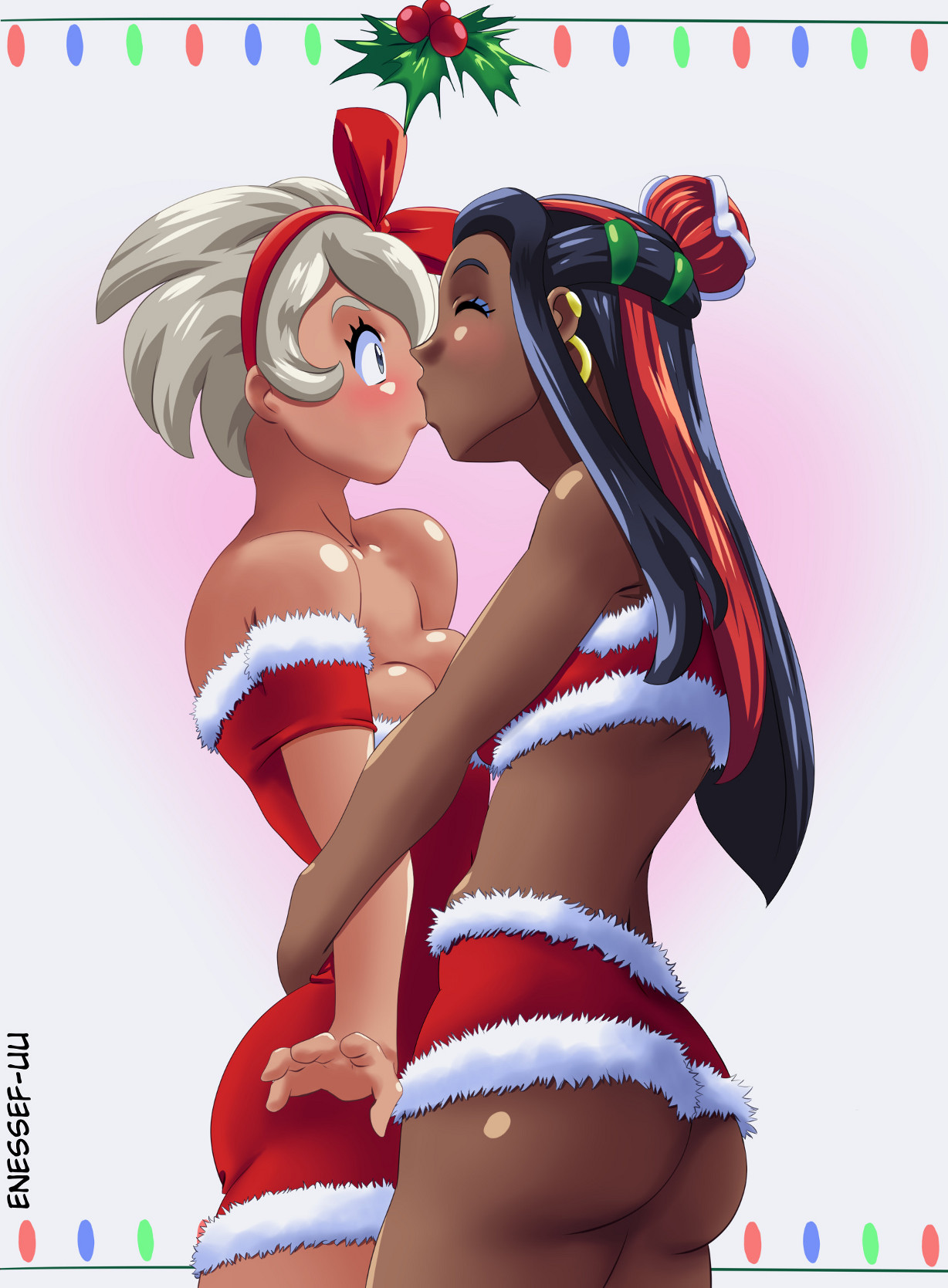 2girls, alternate breast size, alternate outfit, ass, bea (pokemon), blonde hair, blue eyes, blue hair, blush, breasts, christmas, cleavage, dark skin, dark-skinned female, dress, enessef-uu, eyeshadow, female, female only, game freak, hairband, half-closed eyes, human, kiss, kissing, makeup, mistletoe, nessa (pokemon), nintendo, pokemon, pokemon ss, ribbon, standing, surprised, text, thick thighs, watermark, wide eyed, wide hips, yuri