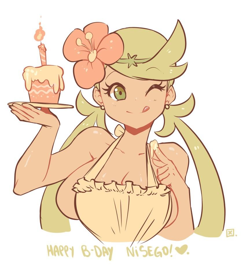 1girls, alternate breast size, alternate outfit, apron, big breasts, birthday cake, breasts, breasts out, bursting breasts, cake, candle, dark skin, dark-skinned female, female, female only, flower, green eyes, green hair, heart, human, human only, kenron toqueen, large breasts, mallow (pokemon), nintendo, pokemon, pokemon sm, smile, solo, source request, text, tongue, tongue out, wink, winking, winking at viewer