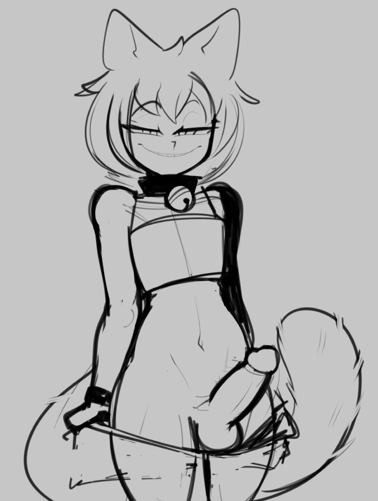 1boy, 2019, balls, bell collar, cat boy, cat ears, catboy, circumcised, collar, crossdressing, erection, femboy, girly, joeydrawss, male, male only, monochrome, navel, penis, solo, taki (joeydrawss), trap