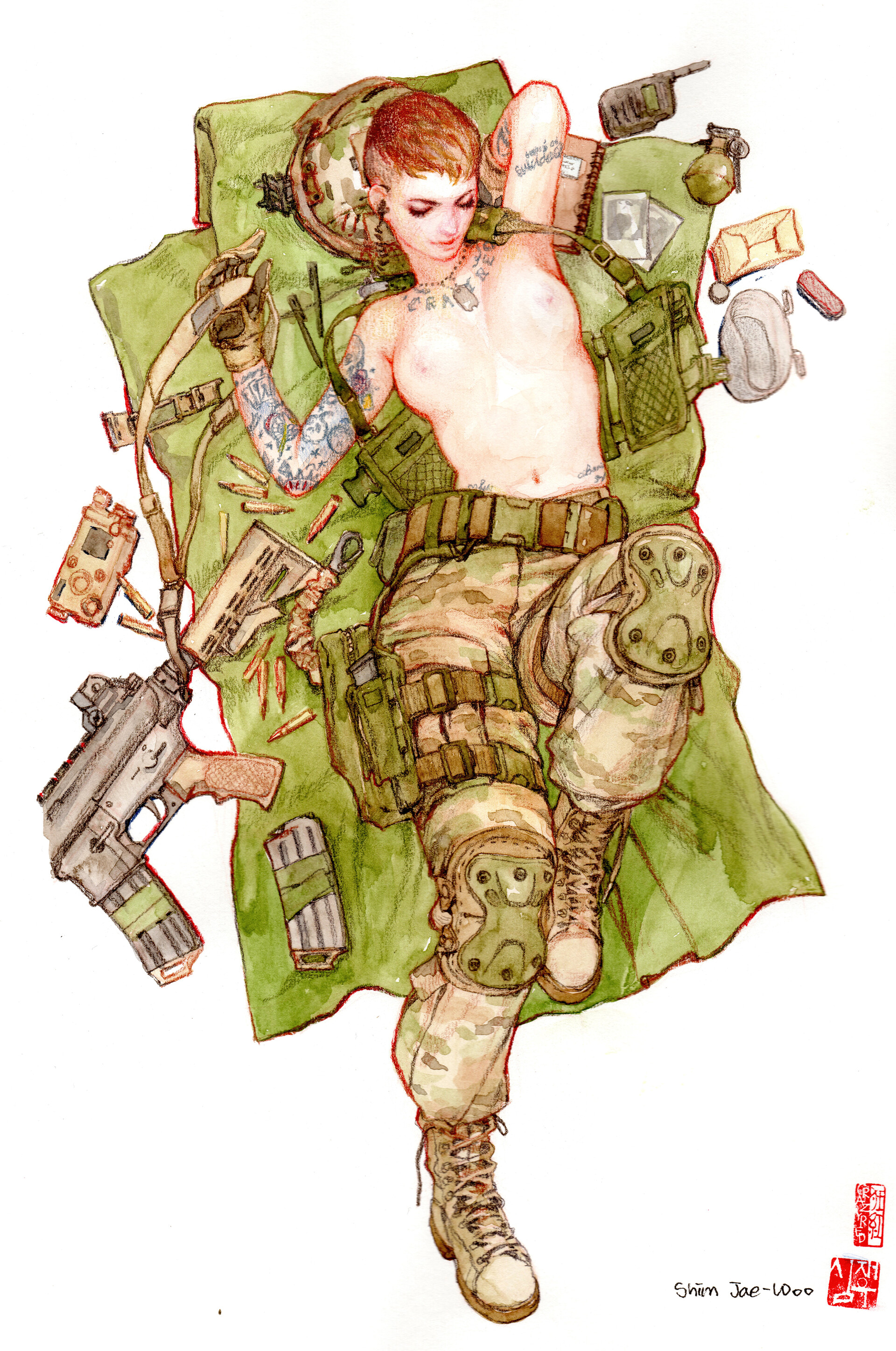 above view, assault rifle, boots, breasts, crazyred, dog tags, female, gear, gun, kneepads, lying on back, medium breasts, military, military uniform, original, red hair, short hair, soldier, solo, tactical vest, tattoo, topless, weapon, white background