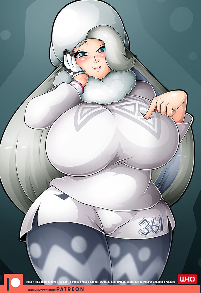 1girls alternate_breast_size blue_eyes blush breast_press breasts chubby eye_contact female female_only hair_over_one_eye half-closed_eyes hand_on_breast hand_on_head huge_breasts human human_only looking_at_viewer mature_female melony_(pokemon) milf nintendo orange_border patreon pokémon pokemon pokemon_ss text thick_thighs thighs tight_clothing voluptuous watermark white_hair wide_hips witchking00