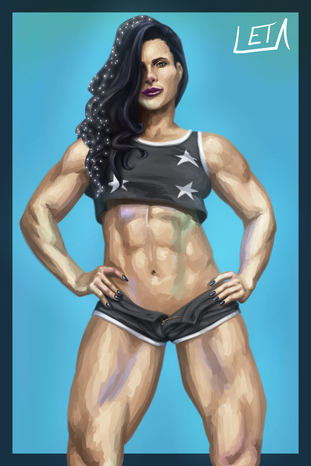 abs black_hair crop_top dc donna_troy female leta long_hair muscular muscular_female short_shorts small_breasts titans