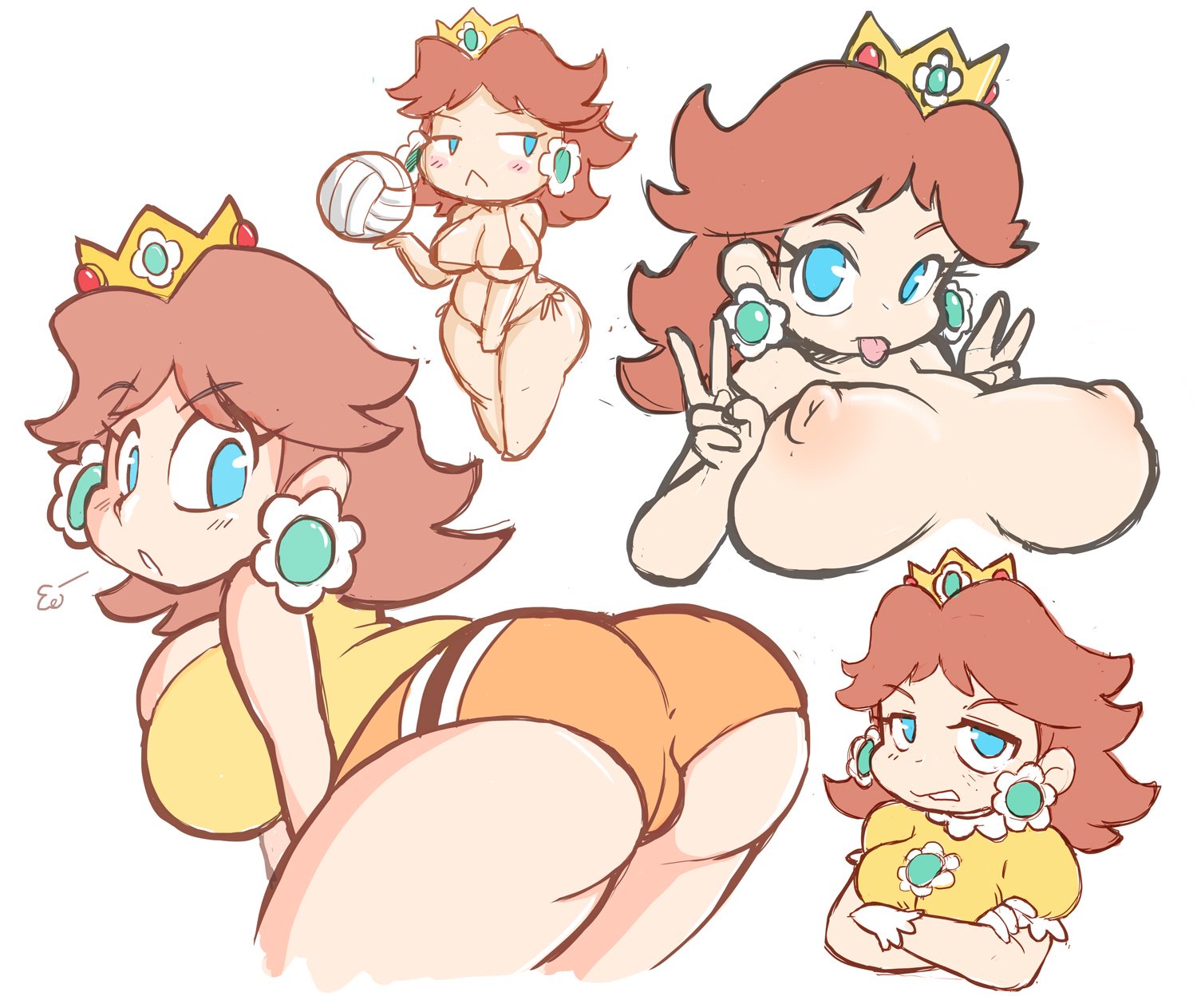 1girls, ass, backboob, big breasts, bikini, black bikini, blue eyes, blush, breasts, brooch, brown hair, chibi, cleavage, clothing, crossed arms, crown, double v, earrings, eyebrows visible through hair, female, female only, flower earrings, gloves, half-closed eyes, huge breasts, large breasts, light skin, light-skinned female, looking at viewer, looking back, looking to the side, mario (series), mario strikers, micro bikini, multiple poses, multiple views, nintendo, nipples, nude, orange shorts, princess daisy, runeechan, shirt, short shorts, short stack, shorts, shoulder length hair, side-tie bikini, sideboob, simple background, solo, standing, swimsuit, tank top, teeth, thick, thick thighs, thighs, tongue, tongue out, v, volleyball (ball), white background, wide hips