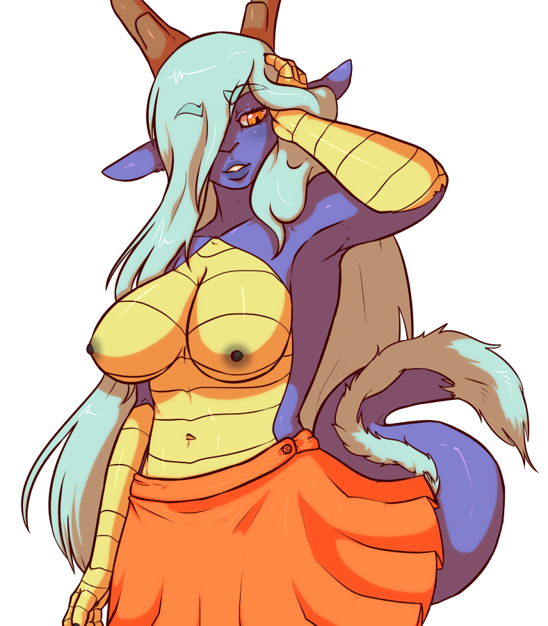 2019 5_fingers anthro big_breasts bottomwear breasts clothed clothing dragon female fingers gynomorph hair humanoid_hands intersex long_tail nipples partially_clothed queenkami reptile scalie shang-li simple_background skirt solo