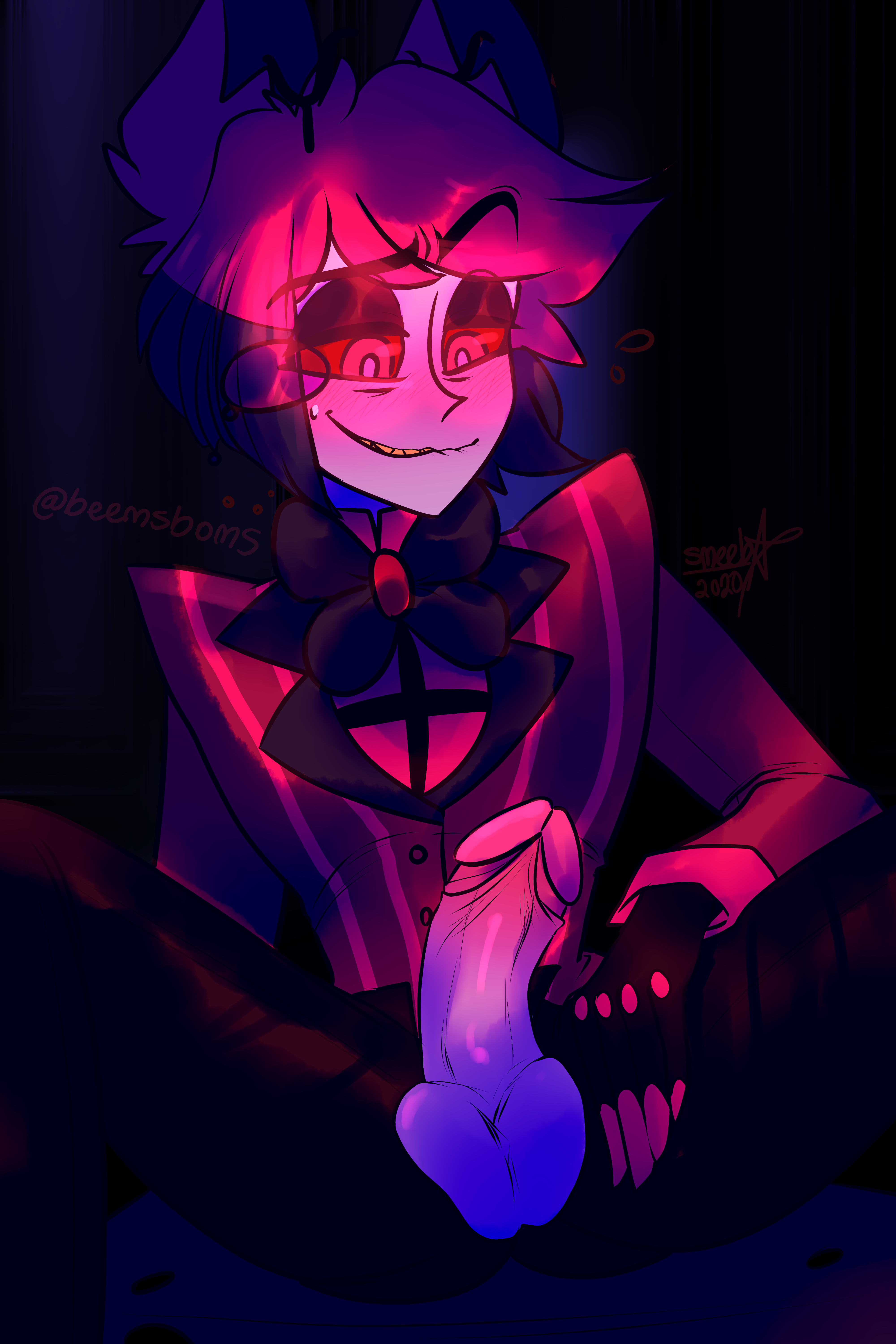 1boy, alastor (hazbin hotel), balls, big balls, big penis, hazbin hotel, male, male focus, male only, penis, red eyes, red hair, smooth skin, solo male, spindlehorse toons, tagme, vivienne medrano, vivziepop