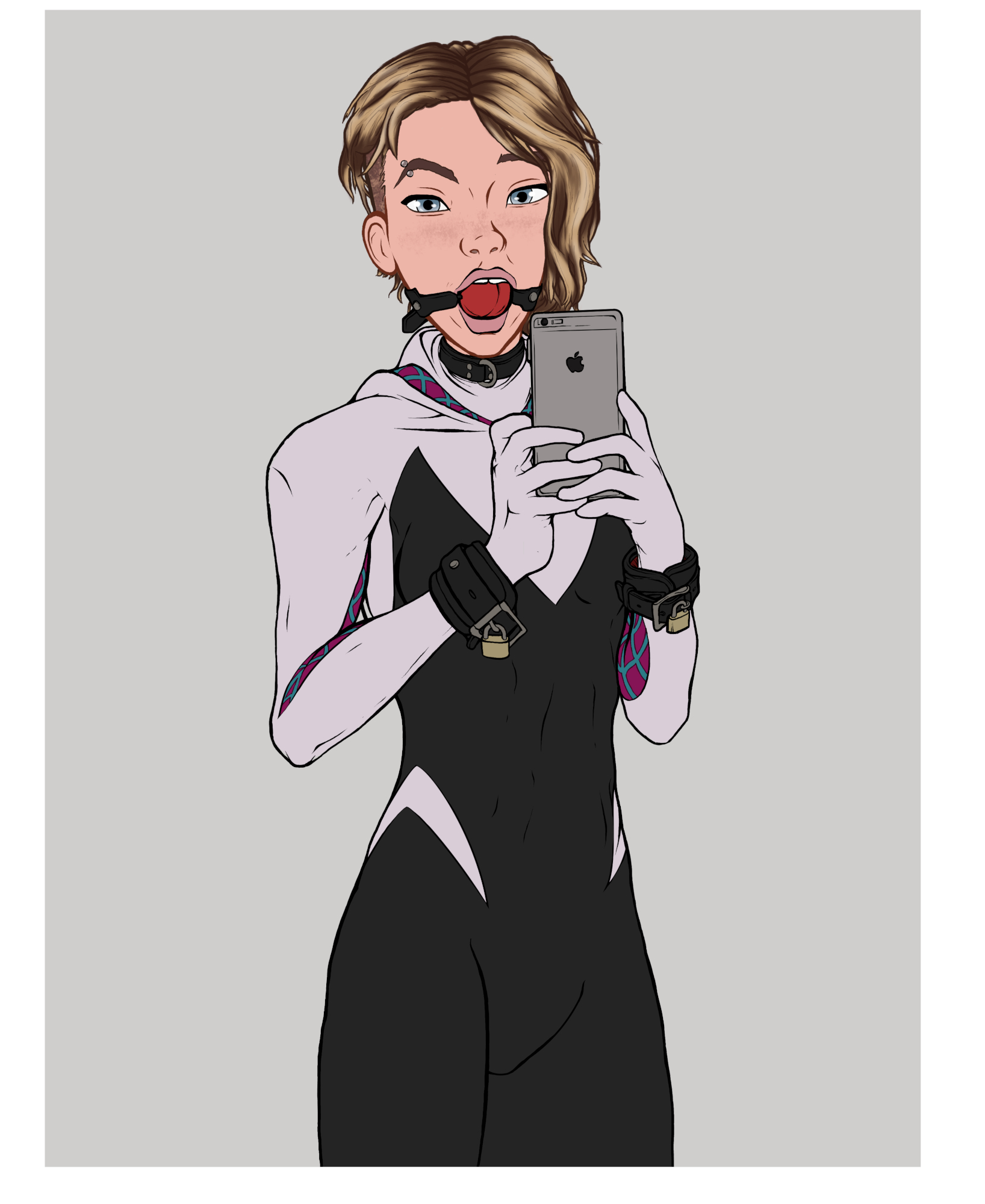 1girls, asymmetrical hair, ball gag, blonde hair, blue eyes, bodysuit, bondage, breasts, buckteeth, busty, collar, cuffs, eyebrow piercing, female, female focus, female only, gag, gagged, gwen stacy, gwen stacy (spider-verse), hourglass figure, marvel, marvel comics, phone, piercing, pinup, pose, posing, red ball gag, selfie, short hair, skin tight, slim, small breasts, solo, sp0rel0rd, spider-gwen, spider-man (series), spider-man: into the spider-verse, superheroine, wrist cuffs