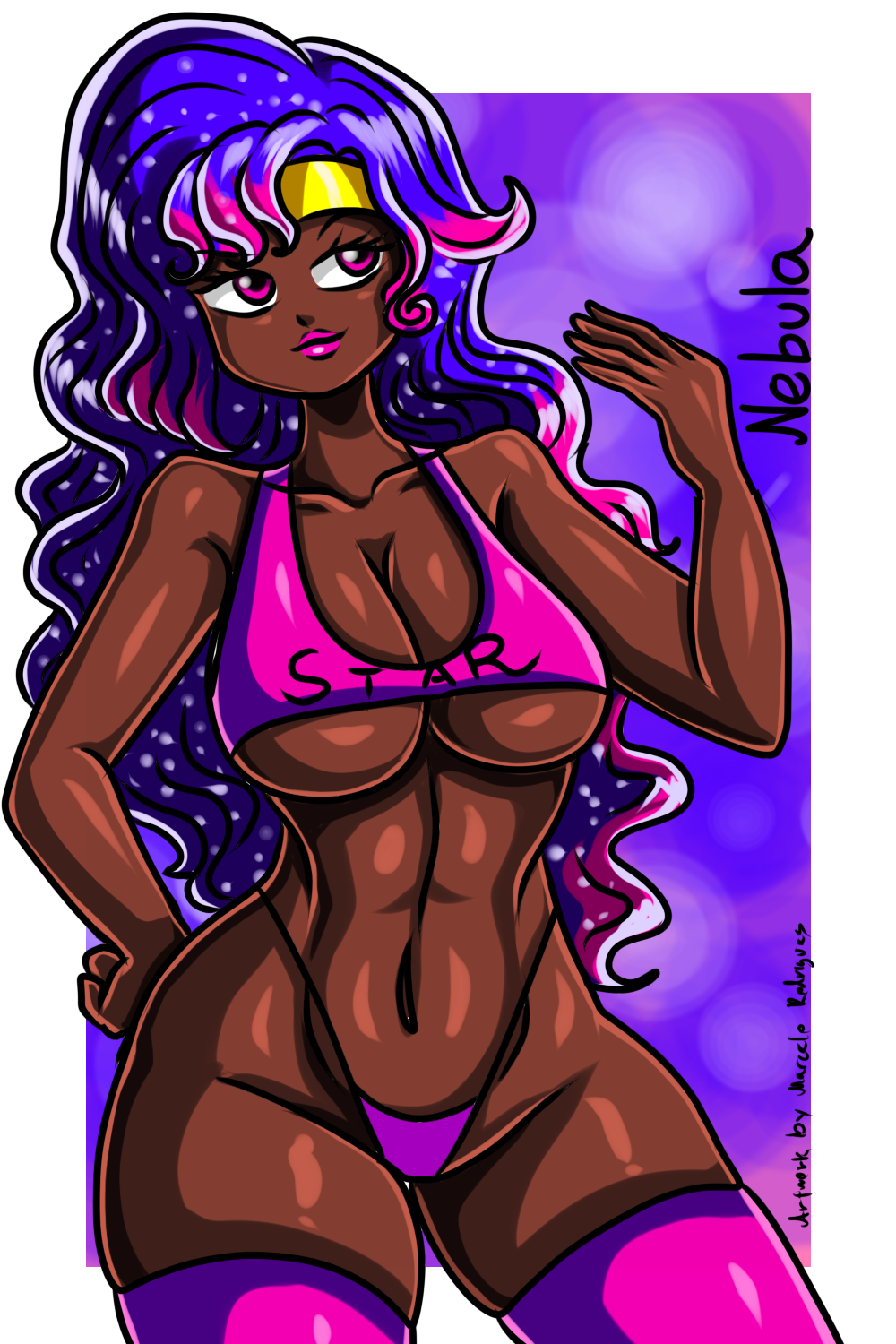 12_hoseki belly_button big_breasts blue_hair breasts cleavage curvaceous curvy curvy_figure dark-skinned_female dark_skin hair headband hourglass_figure lips lipstick long_hair multicolored_hair navel nebula_starr oc original original_character panties pink_eyes pink_hair pink_lips pink_lipstick pinup pose purple_hair rodriguesd-marcelo skindentation sports_bra star stars tank_top thick_thighs thighhighs thighs thong two_tone_hair voluptuous webcomic wide_hips