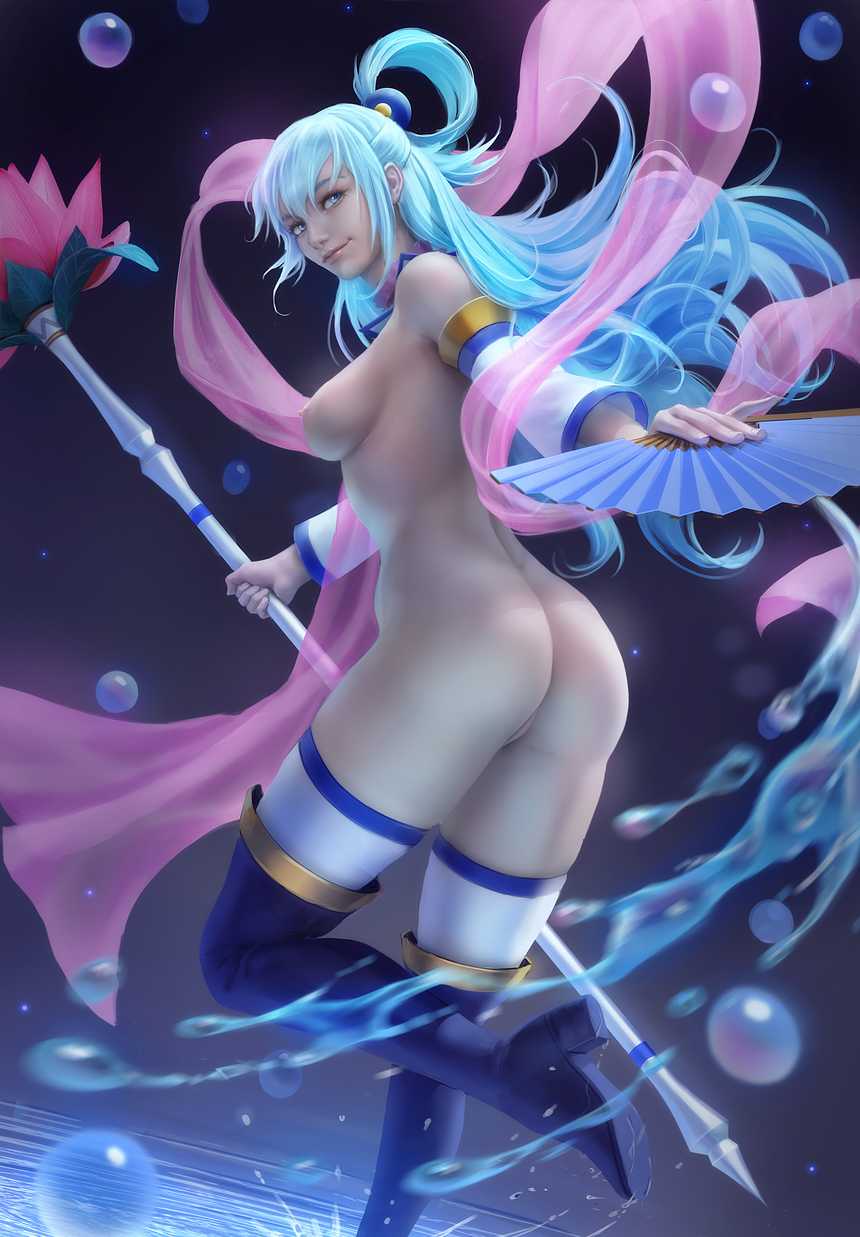 1girls, aqua (konosuba), areolae, ass, blue eyes, blue hair, boots, breasts, casual, fan, female, female only, heel boots, high heel boots, highres, kono subarashii sekai ni shukufuku wo!, long hair, naked footwear, nipples, pussy, solo, staff, thigh boots, thighhigh boots, uncensored, water, zarory