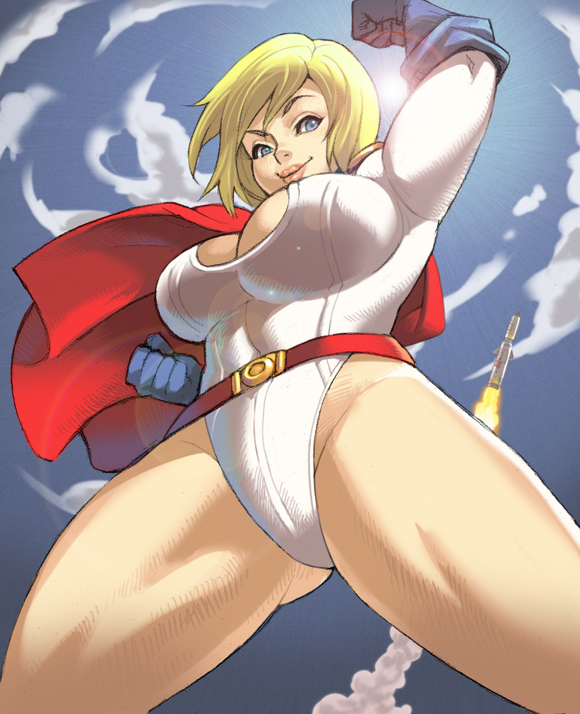 abs, bare legs, biceps, big breasts, blonde hair, blue eyes, breasts, busty, cleavage, dc, dc comics, female, hourglass figure, kara zor-l, karen starr, large breasts, leotard, maou alba, pinup, pose, posing, power girl, short hair, superman (series), tagme, wide hips