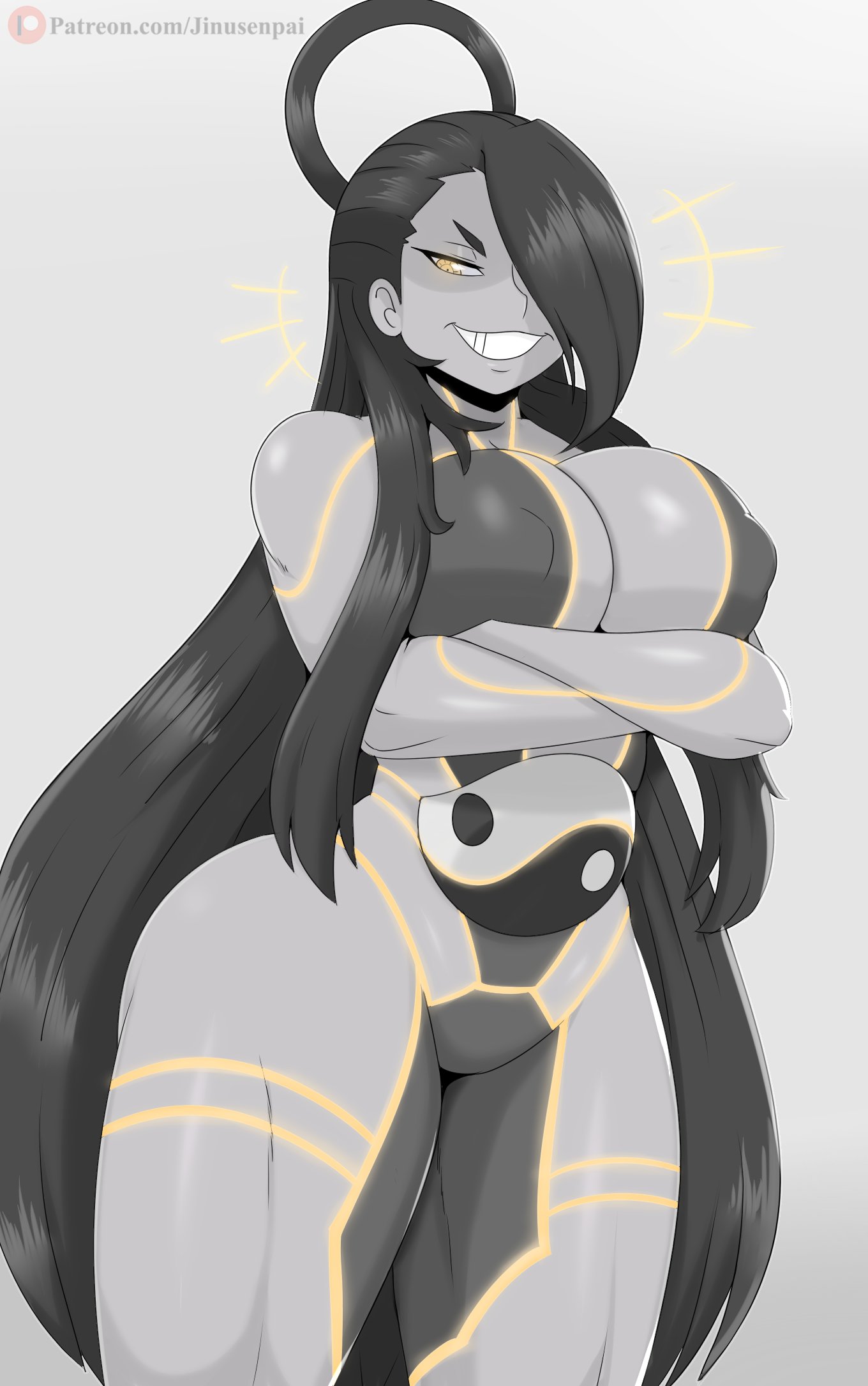 1girls, android, arms crossed, artist name, big breasts, black hair, breasts, canon genderswap, capcom, evil smile, female, female only, hair, huge breasts, jinu, large breasts, long hair, muscles, muscular, muscular female, naughty face, patreon, plain background, rule 63, seductive, seductive smile, seth (doll unit 0), seth (street fighter), smile, smiling, solo, solo female, street fighter, street fighter v, thick thighs, thighs, url, video games, watermark, white background, wide hips, yellow eyes