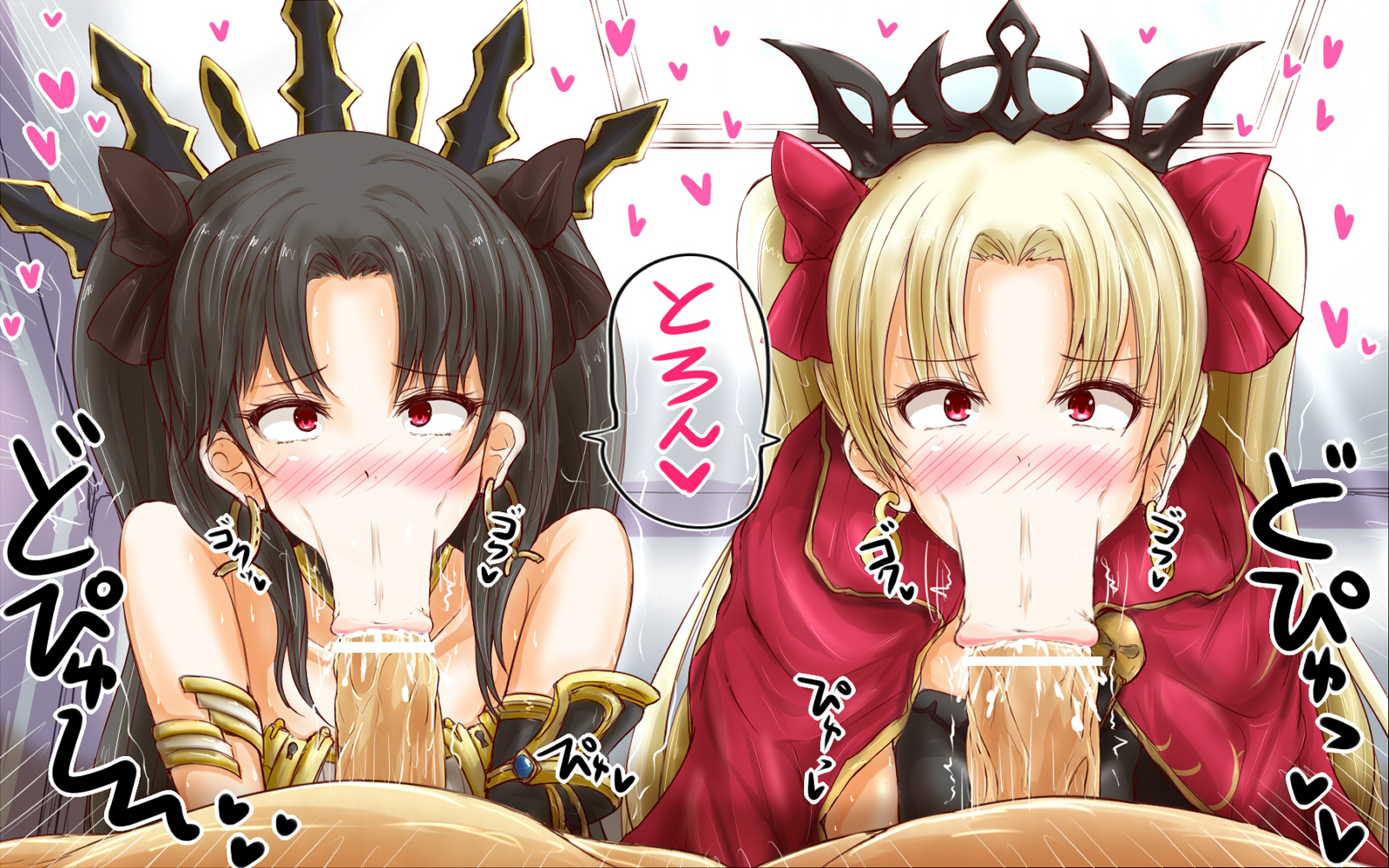 :>=, 2boys, 2girls, alternate version available, armband, bare shoulders, black hair, blonde hair, blush, censored, clenched teeth, cloak, crown, cum, cum in mouth, cum inside, cumdrip, detailed background, ear piercing, earrings, ekitaiidou, erection, ereshkigal (fate), eyelashes, fate (series), fate/grand order, fellatio, female, front view, group, hair ornament, heart, hoop earrings, human, indoor, indoors, ishtar (fate), japanese text, long hair, male, male pov, multiple boys, multiple females, multiple girls, multiple males, oral, oral sex, penis, piercing, pose, posing, red eyes, room, shiny, shiny skin, siblings, sister, sisters, sound effects, text, tohsaka rin, translation request, vein, veins, veiny, veiny penis, yellow hair