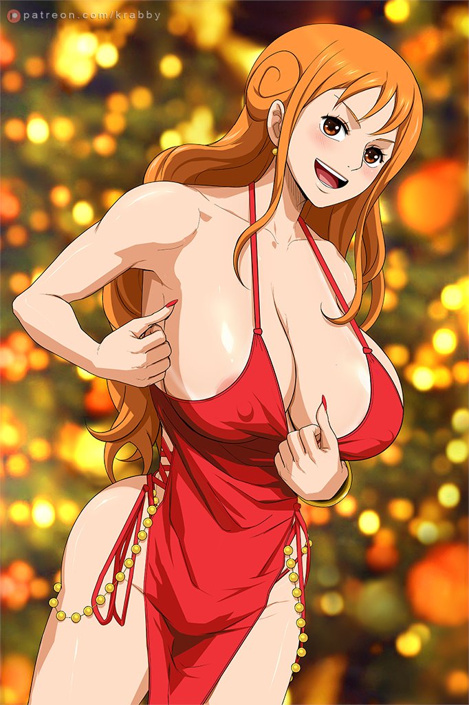 1girls, big breasts, breasts, dress, female, female only, huge breasts, krabby (artist), large breasts, long hair, nami (one piece), nipple bulge, one piece, orange eyes, orange hair, orange-haired female, solo, standing, thick thighs, thighs, wide hips