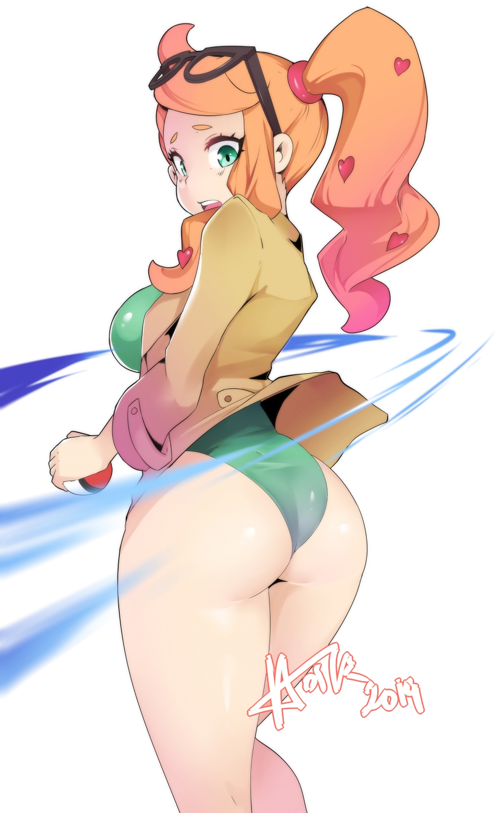 1girls, alternate breast size, alternate outfit, ass, bodysuit, breasts, bubble ass, bubble butt, clothing, coat, eyewear on head, female, female only, heart, hotvr, human, human only, large breasts, leotard, light skin, light-skinned female, looking back, nintendo, orange hair, orange-haired female, pokemon, pokemon ss, ponytail, shiny clothes, shiny skin, solo, sonia (pokemon), standing, text, thick thighs, thighs, watermark, white background, wide hips