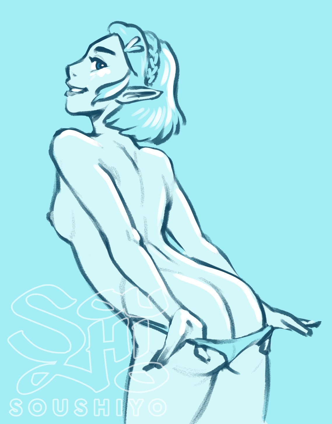 ass, breasts, breath of the wild, demigoddess, female, female only, happy, hylian, monochrome, nipples, nude, nude female, panties, panty pull, playful, pointy ears, princess zelda, smile, soushiyo, tears of the kingdom, the legend of zelda, undressing, zelda (tears of the kingdom)