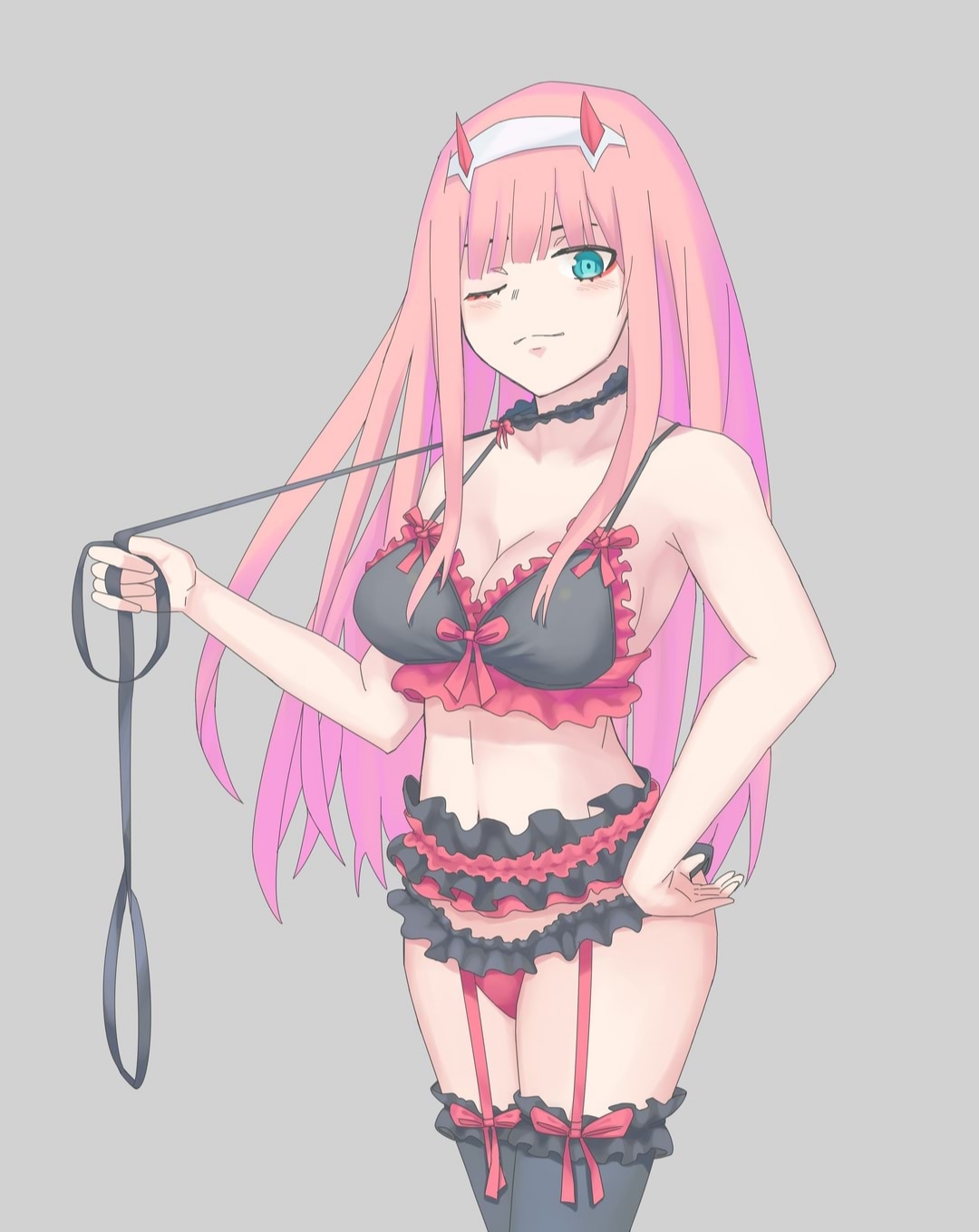 collar, color, darling in the franxx, female, leash, lingerie, looking at viewer, winking, zero two (darling in the franxx)