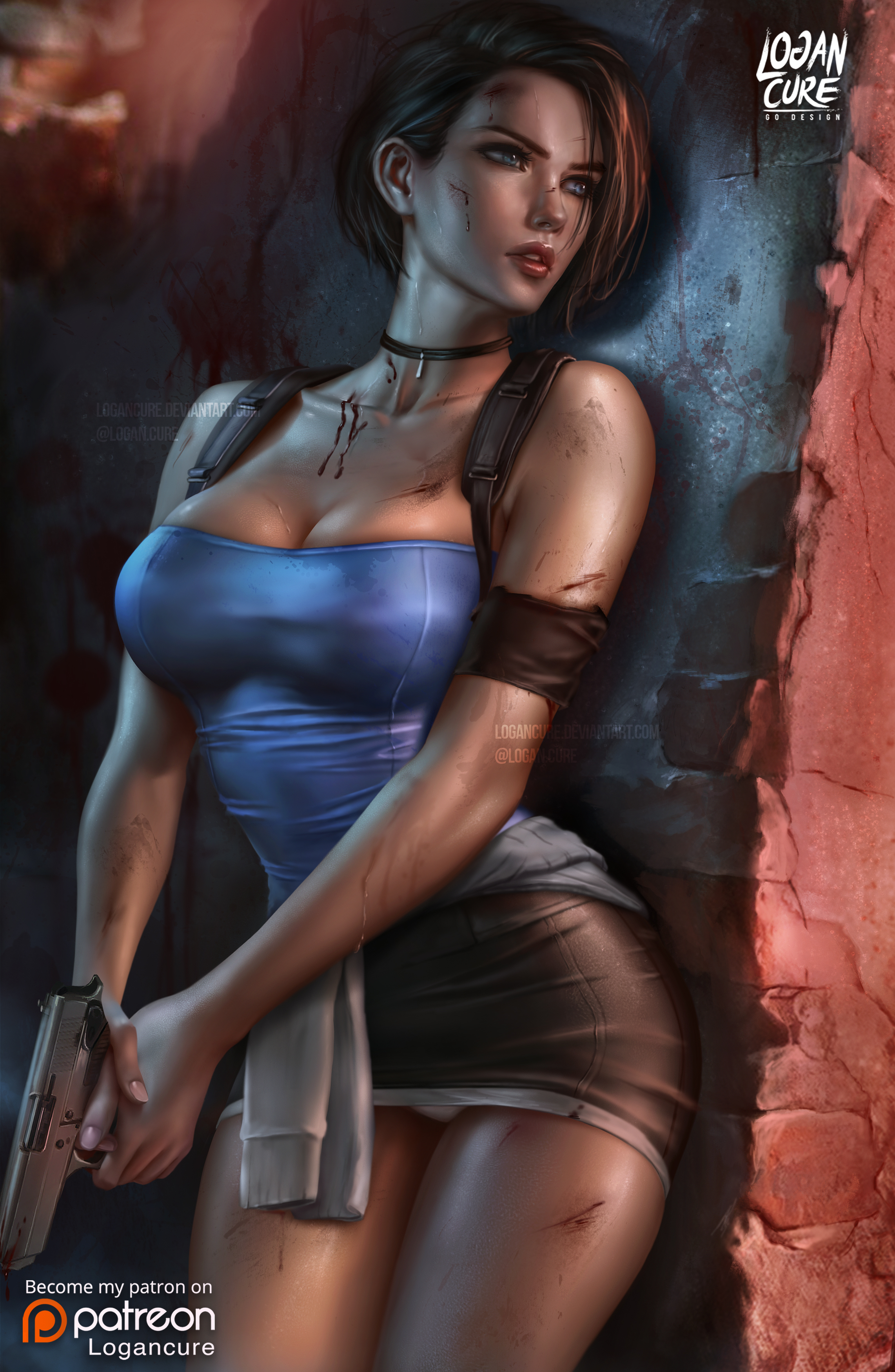 1girls, absurdres, blue eyes, breasts, brown hair, cleavage, clothing, female, female only, firearm, handgun, human, jill valentine, jill valentine (sasha zotova), logan cure, nonsexual, pale skin, pinup, resident evil, resident evil 3, resident evil 3 remake, short hair, shorts, sleeveless, solo, weapon