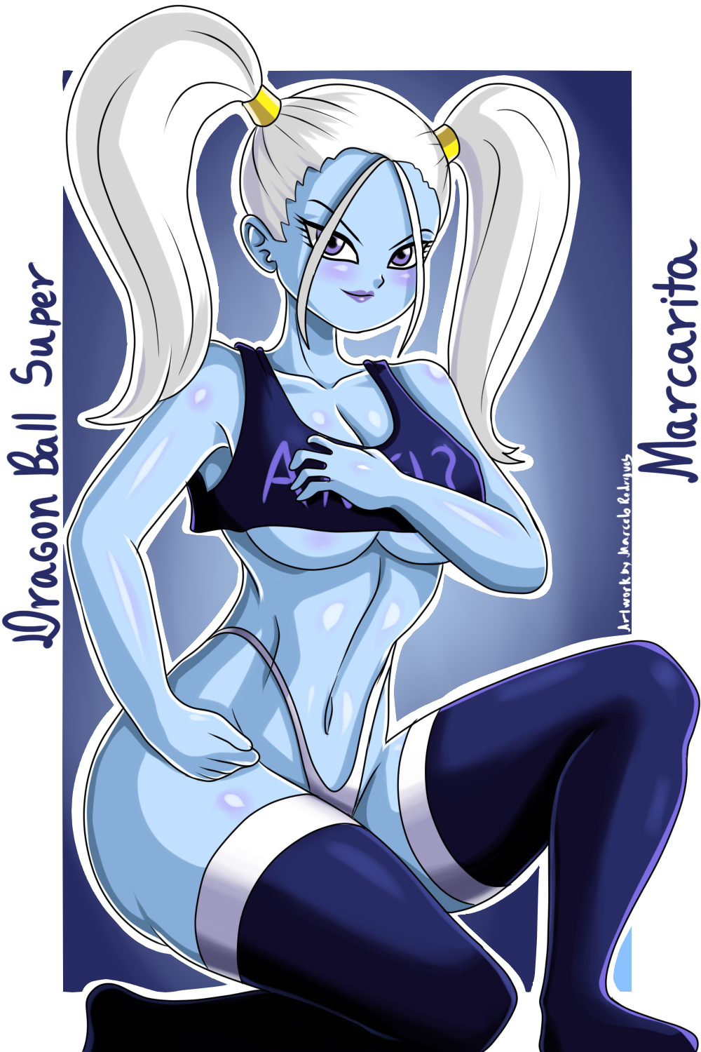 angel angel_(dragon_ball) arched_back bangs belly_button big_breasts blue_skin breasts curvaceous curvy curvy_figure dragon_ball dragon_ball_super female female_only hair hair_ornament hairband hand_on_chest hips hourglass_figure kneeling lips lipstick long_hair looking_at_viewer marcarita navel panties rodriguesd-marcelo smile solo solo_female solo_focus sports_bra tank_top thick_thighs thighhighs thighs thong tied_hair twintails underboob violet_eyes voluptuous white_hair wide_hips