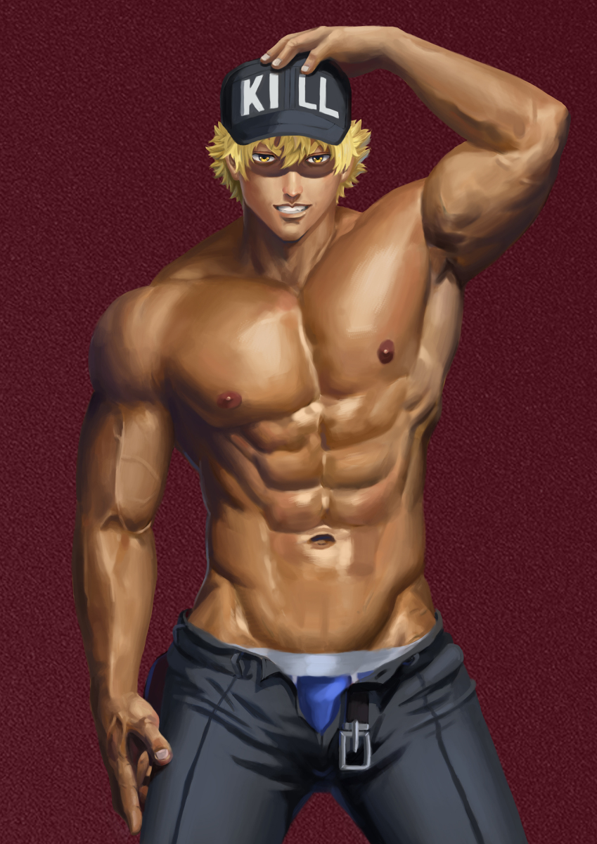 1boy bara cells_at_work dark_skin hataraku_saibou killer_t_(hataraku_saibou) killer_t_cell male_only muscle muscles pecs shirtless yaoi yellow_eyes yellow_hair