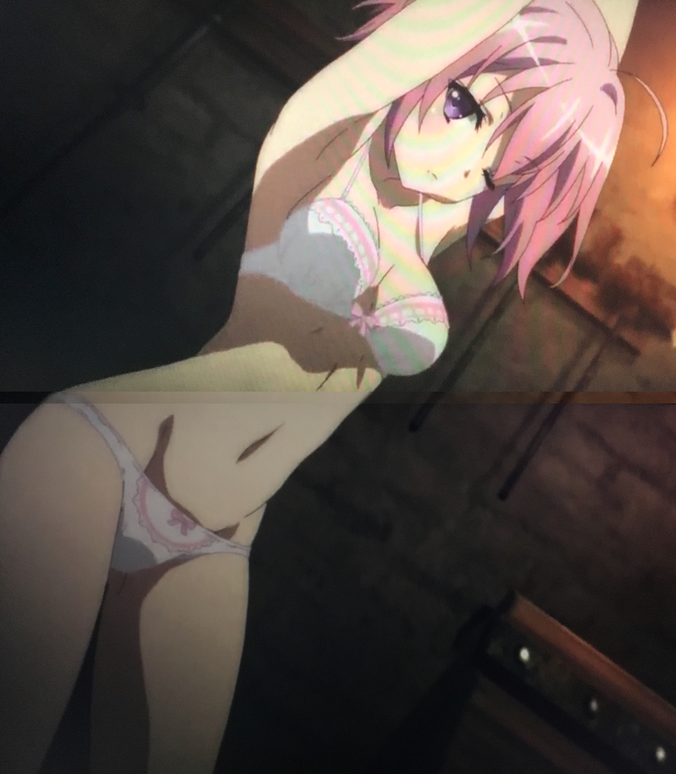 bra, breasts, calm, chained, chained up, choujin koukousei-tachi wa isekai demo yoyuu de ikinuku you desu!, cropped legs, dungeon, female, high school prodigies have it easy even in another world!, medium breasts, one eye closed, panties, pink hair, purple eyes, screencap, shinobu sarutobi, slim waist, stomach, thinking, tied up, torture, white bra, white panties, wide hips, wink, winking