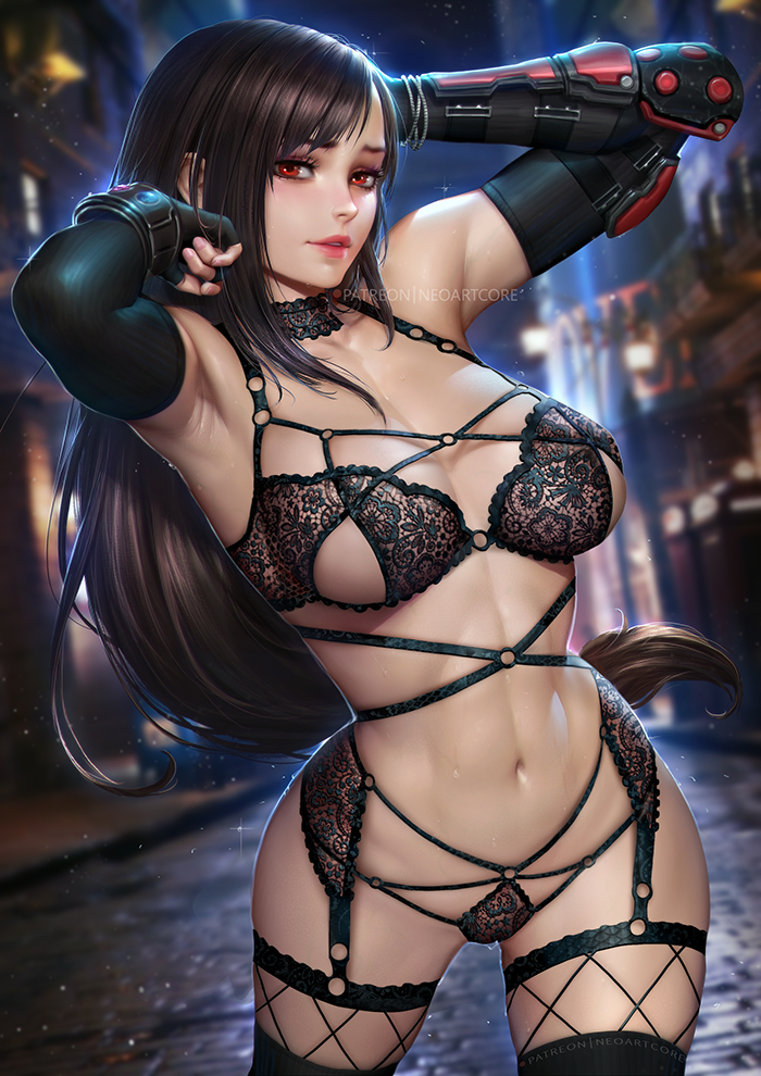 1girls, abs, artist name, big breasts, breasts, cleavage, female, female only, final fantasy, final fantasy vii, garter belt, horny, large breasts, light skin, light-skinned female, lingerie, looking at viewer, neoartcore, pale skin, pale-skinned female, pose, solo, square enix, thighhighs, tifa lockhart, watermark