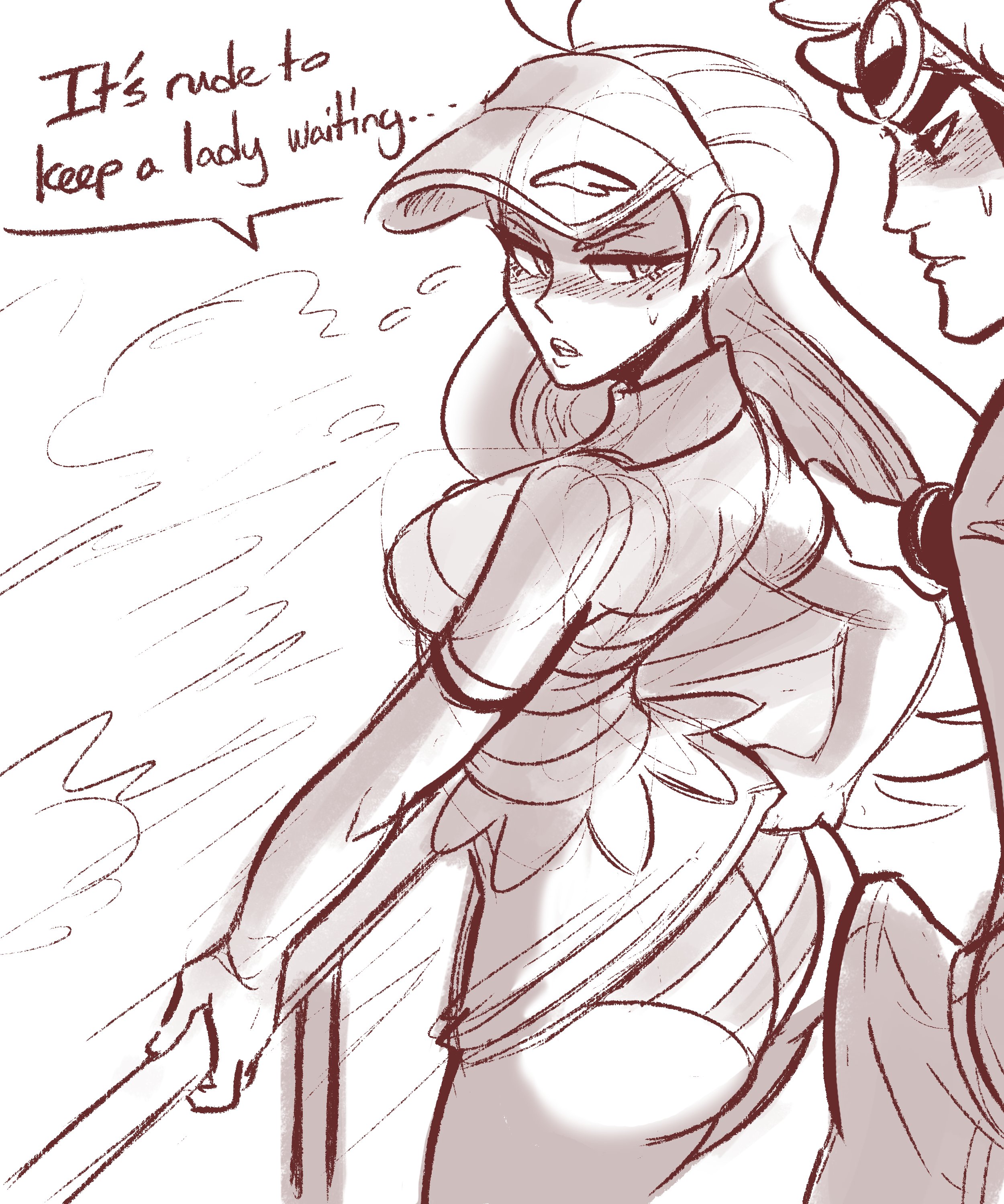 1boy, 1girls, bulge, clothed, elite four, english text, erection, female, guzma (pokemon), human, imminent sex, kahili (pokemon), male, monochrome, nintendo, pitched tent, pokemon, pokemon sm, scruffyturtles, sketch, striped panties, text