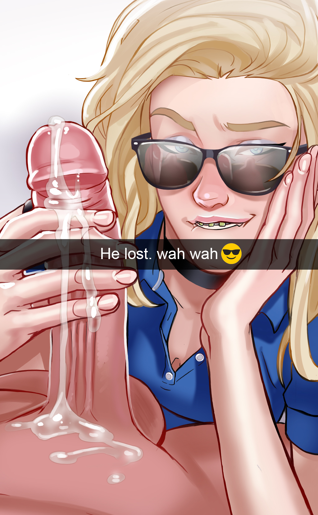 1boy 1girls andava andavaverse big_penis biting_lip blonde_hair blue_eyes braces brianna_(andava) cum cum_on_penis erection female handjob light-skinned_male light_skin looking_at_viewer male male_pov naughty_face penis pov raised_eyebrow snapchat straight sunglasses tinted_eyewear unseen_male_face