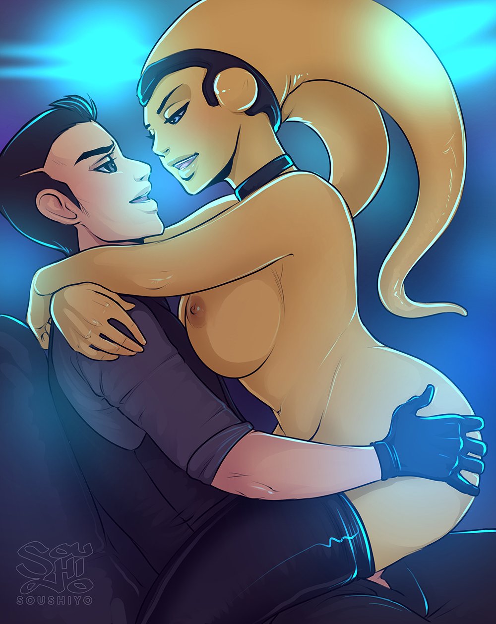 1boy, 1girls, alien girl, ass, ass grab, blue eyes, breasts, cowgirl position, duo, female, green skin, interracial, large breasts, male, nude, nude female clothed male, sex, smile, soushiyo, star wars, straight, twi'lek, yellow skin
