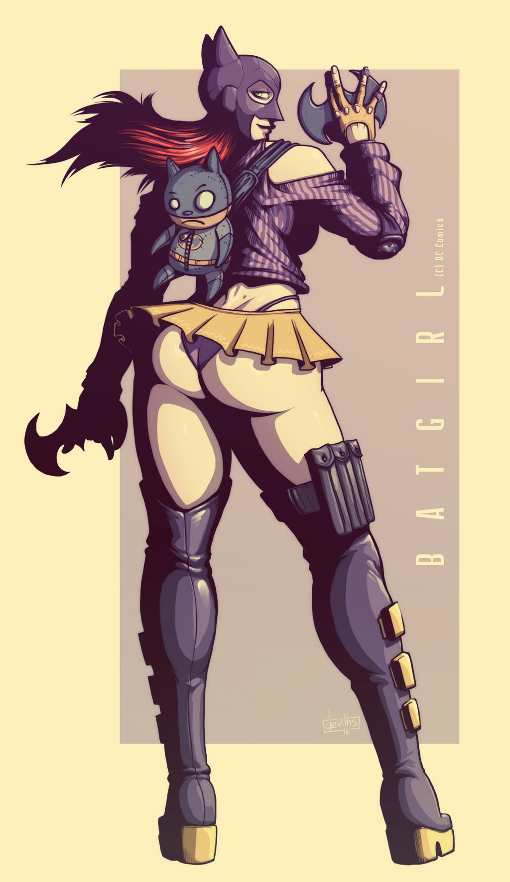ass, backpack, barbara gordon, bare midriff, bare shoulders, batgirl, batman (series), big breasts, bimbo, blue eyes, breasts, bubble ass, bubble butt, busty, cleavage, dc, dc comics, devil hs, female, female focus, female only, fingerless gloves, full body, g-string, hourglass figure, huge breasts, large breasts, long hair, mask, microskirt, miniskirt, pinup, pose, posing, red hair, skimpy, skimpy clothes, skirt, standing, thigh boots, thong, upskirt, wide hips