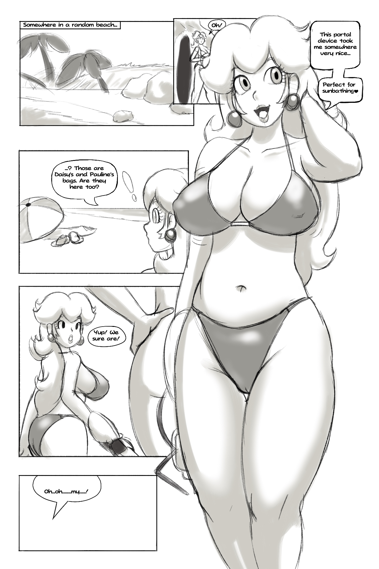 !, 1girls, 2d, ass, beach, big breasts, bikini, breasts, cleavage, comic, dialogue, earrings, female, front view, huge breasts, large breasts, lips, lipstick, long hair, looking at another, looking to the side, mario (series), monochrome, nintendo, nipples visible through clothing, open mouth, palm tree, part of a set, portal (series), portal gun, princess peach, side view, sideboob, solo, speeds, teeth, text, text bubble, thick, thick thighs, thighs, umbrella, wide hips