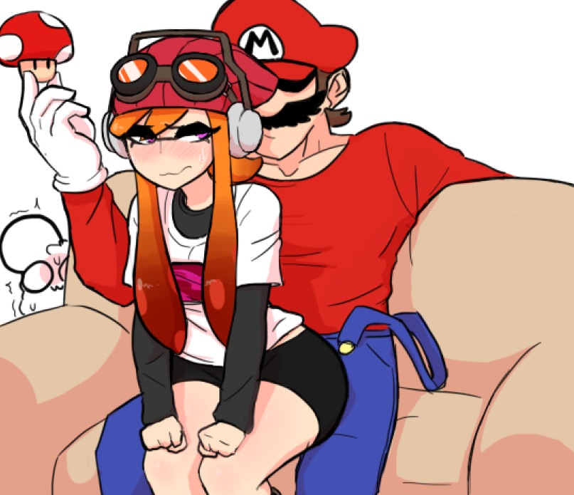 1boy 1girls clothed clothing couch crossover domino_mask drawn female floogledoodle gradient_hair hat inkling inkling_girl inkling_meggy male mario mario_(series) meggy_spletzer muscular_male mushroom orange_hair overalls pseudo_hair red_hat sex sidelocks sitting sitting_on_lap sitting_on_penis sleeves smg4 sofa splatoon super_mario_bros. tentacle_hair thebombbeanie