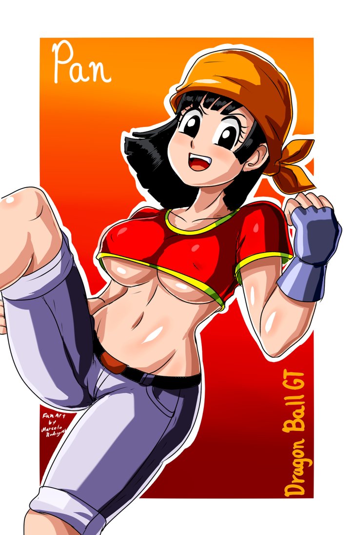 aged up, alternate breast size, bandana, belly button, big breasts, black eyes, black hair, breasts, dragon ball, dragon ball gt, erect nipples, erect nipples under clothes, female, female only, fingerless gloves, grown up, jeans, light skin, light-skinned female, looking at viewer, medium hair, midriff, navel, nipples, open mouth, pan (dragon ball), pose, rodriguesd-marcelo, shirt, short jeans, short shirt, smile, solo, solo female, solo focus, thick thighs, thighs, underboob