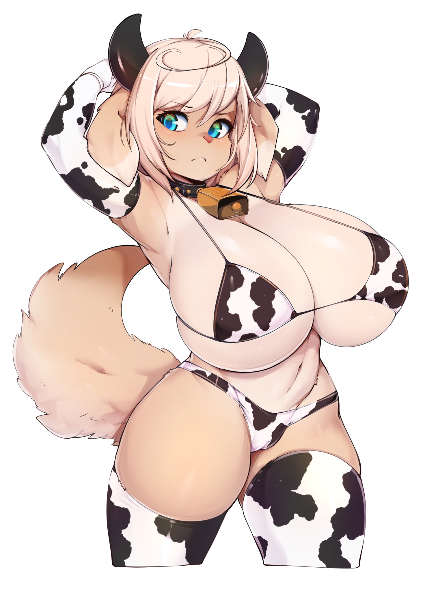 1girls, anthro, bra, breasts, cleavage, cow print, elbow gloves, female, female only, furry, gloves, horns, huge breasts, panties, slugbox, solo, thighhighs, vao, vao (coffeechicken)