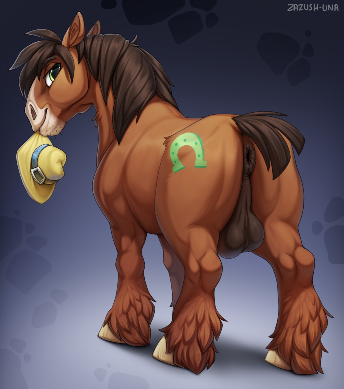 anus ass backsack balls brown_body brown_fur clothing cutie_mark equid equine feral friendship_is_magic fur green_eyes hat headgear headwear hi_res hooves horse looking_at_viewer looking_back male male_only mammal my_little_pony rear_view smile solo troubleshoes_(mlp) zazush-una