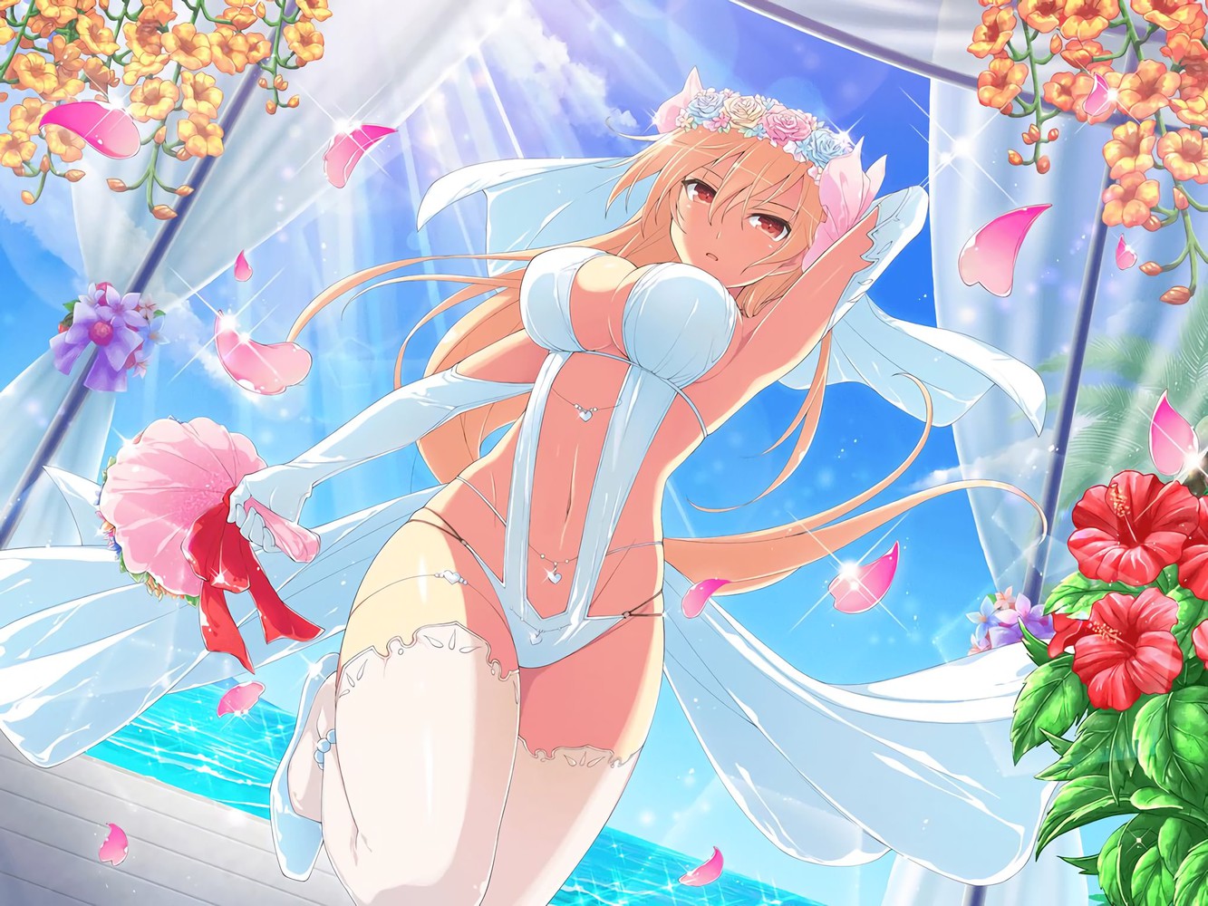 1girls, armpits, blonde hair, breasts, clothed, dress, eye contact, female, flower bouquet, half-closed eyes, highres, jewelry, looking at viewer, red eyes, senran kagura, senran kagura new wave, souji (senran kagura), source request, thick thighs, wedding dress, yaegashi nan