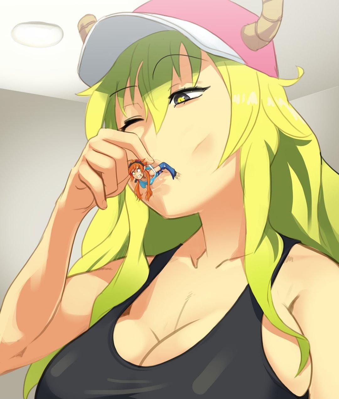 clothed, color, female, giantess, jessica dimensal, lucoa, miss kobayashi's dragon maid, puckered lips, quetzalcoatl (dragon maid), size difference, tiny, vore, wink