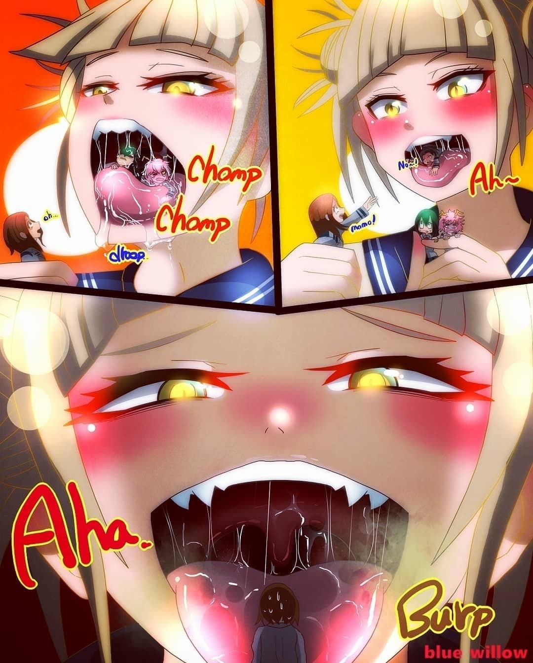 5girls, color, eye contact, female, female pred, giantess, half-closed eyes, heavy breathing, himiko toga, larger female, looking at viewer, multiple females, multiple girls, my hero academia, oral vore, saliva, size difference, smaller female, source request, text, vore