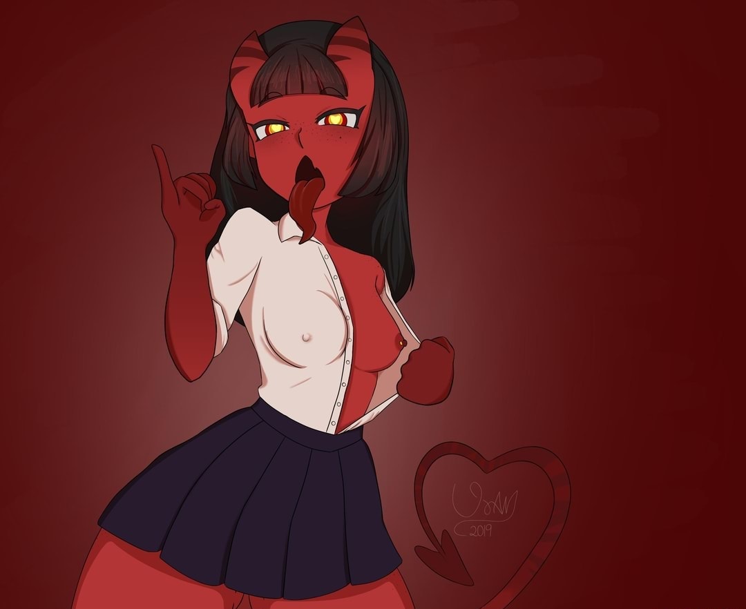 1girls, ahe gao, breasts, color, demon, demon girl, fellatio gesture, female, heart, heart-shaped pupils, meru (merunyaa), merunyaa, original, original character, school uniform, skirt, straight hair, succubus, tail, tongue, tongue out