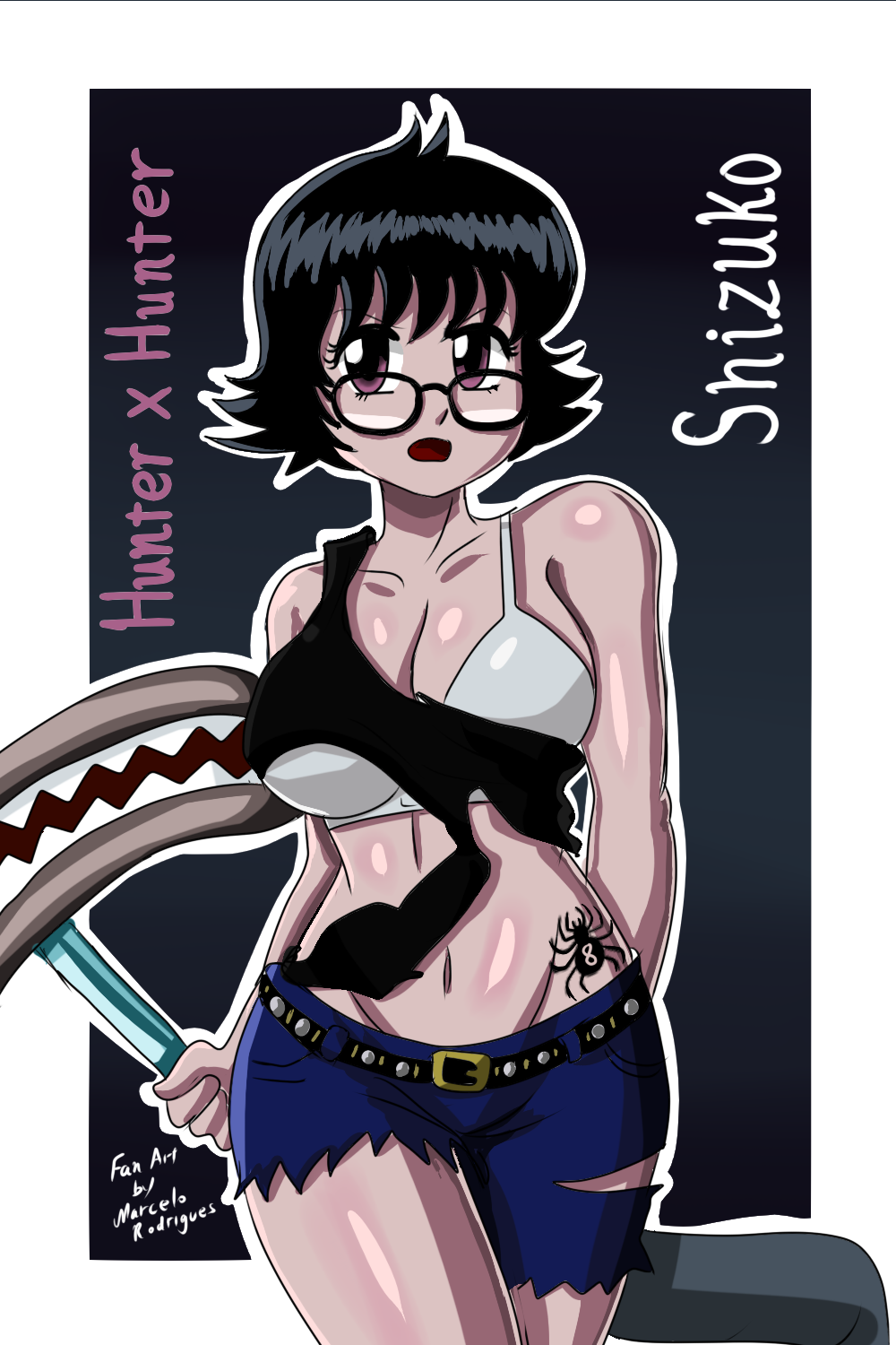 1girls belly_button belt big_breasts black_hair bra breasts curvy cute female female_only glasses hair hips hourglass_figure human hunter_x_hunter large_breasts midriff navel open_mouth pale-skinned_female pale_skin phantom_troupe purple_eyes ripped_clothes ripped_clothing ripped_pants rodriguesd-marcelo sharp_teeth shizuku_murasaki short_hair shounen_jump solo solo_female solo_focus spider_tattoo tattoo thighs vacuum_cleaner villainess violet_eyes white_bra wide_hips