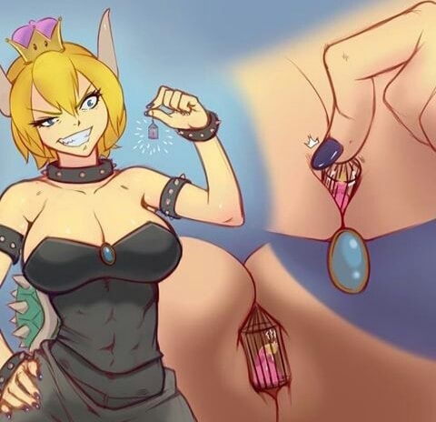 2girls bowsette chained color female female_only genderswap giantess konokono macro macro_female mario_(series) micro micro_in_cleavage micro_on_macro multiple_girls new_super_mario_bros._u_deluxe nintendo princess_peach size_difference super_mario_bros.