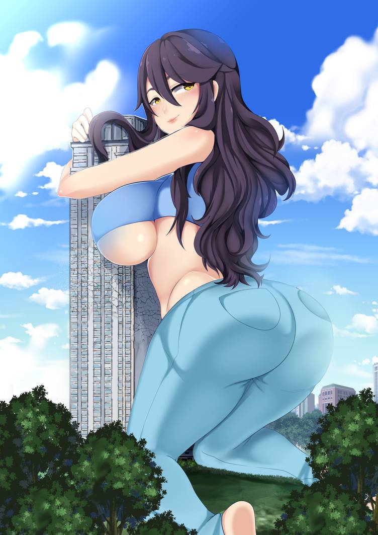 1girls blue_clothing blue_pants blue_shirt building buildings clothed clothed_female clothing cloud clouds cloudy_sky color cracks day daytime elbow female female_focus female_only forest giantess grass hugging hugging_building kneeling kneeling_on_ground long_hair long_purple_hair looking_at_viewer looking_back looking_back_at_viewer mega pockets purple_hair shiny shiny_breasts shiny_hair shiny_shoulders shiny_skin sky sky_background soles solo solo_female tree trees underboob viewed_from_behind yellow_eyes