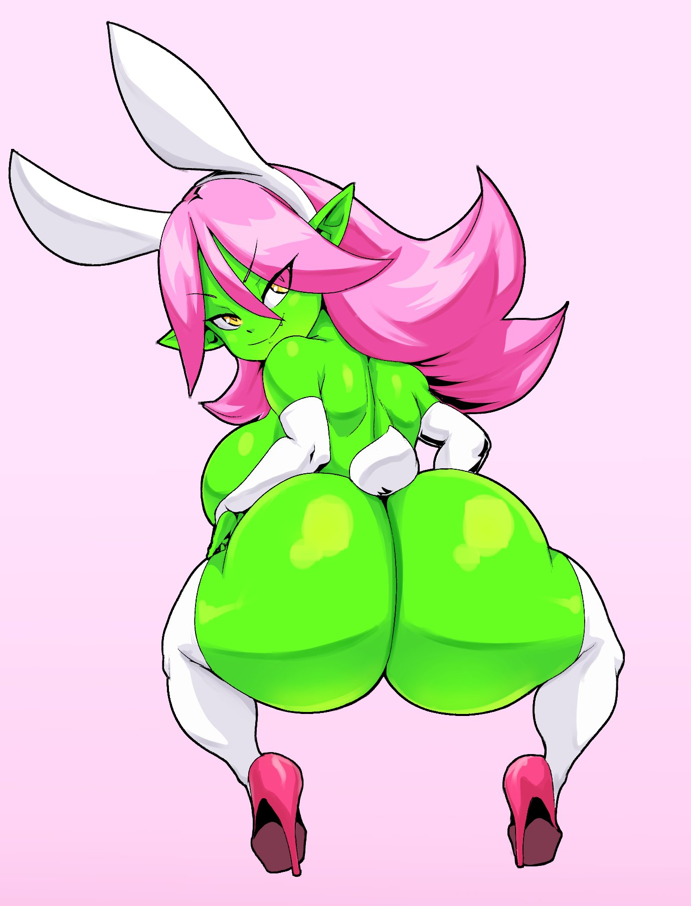 1girls, ass, bunny ears, bunny tail, dart (thecon), female, female only, goblin, goblin female, green skin, high heels, huge ass, looking at viewer, looking back, pink hair, pink heels, sharp ears, shortstack, smiling, squatting, thecon, thighhighs