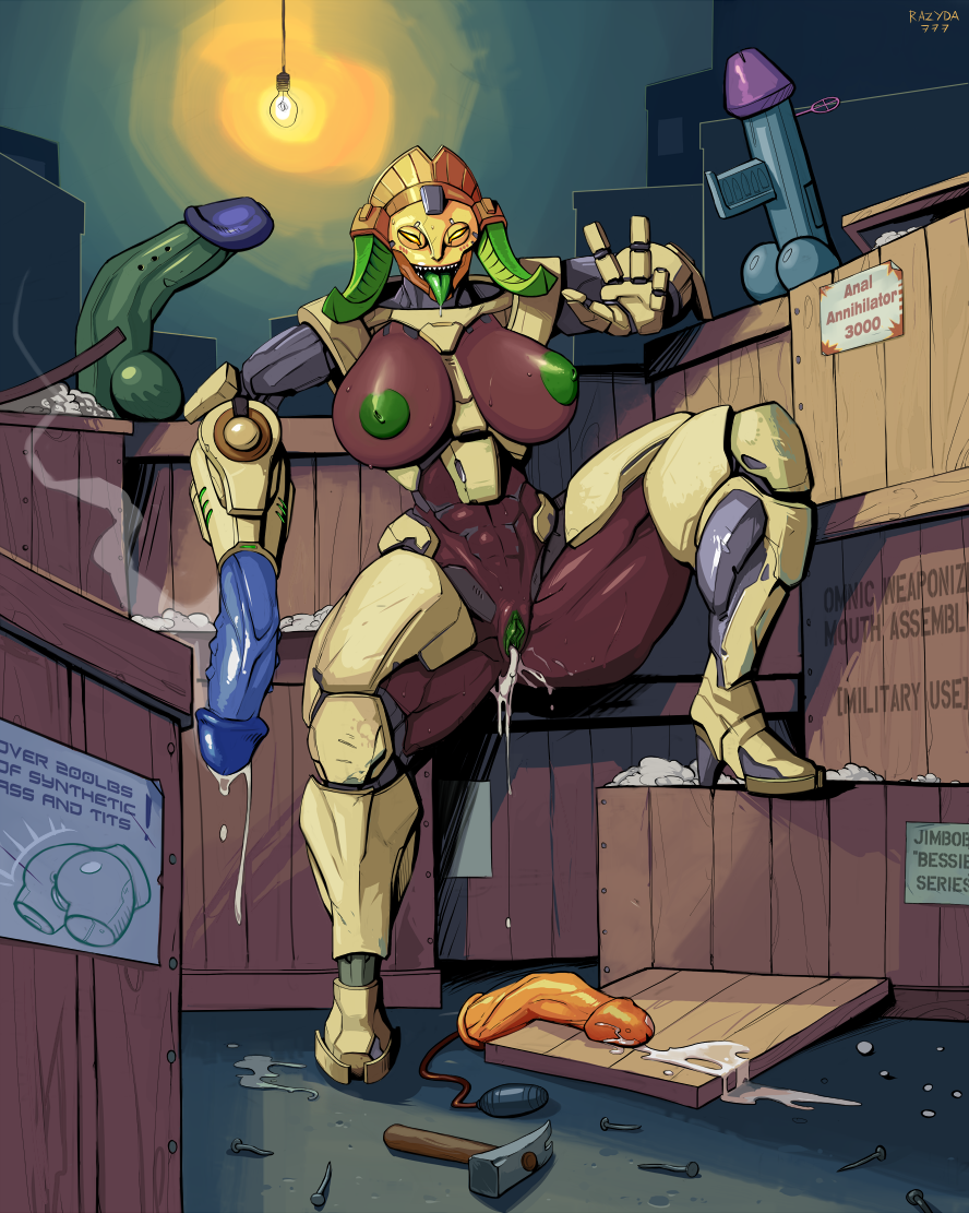 2d anthro blizzard_entertainment cum_drip cum_in_pussy dildo large_breasts leg_up orisa overwatch razyda777 robot_girl sex_toy thick_thighs tongue_out