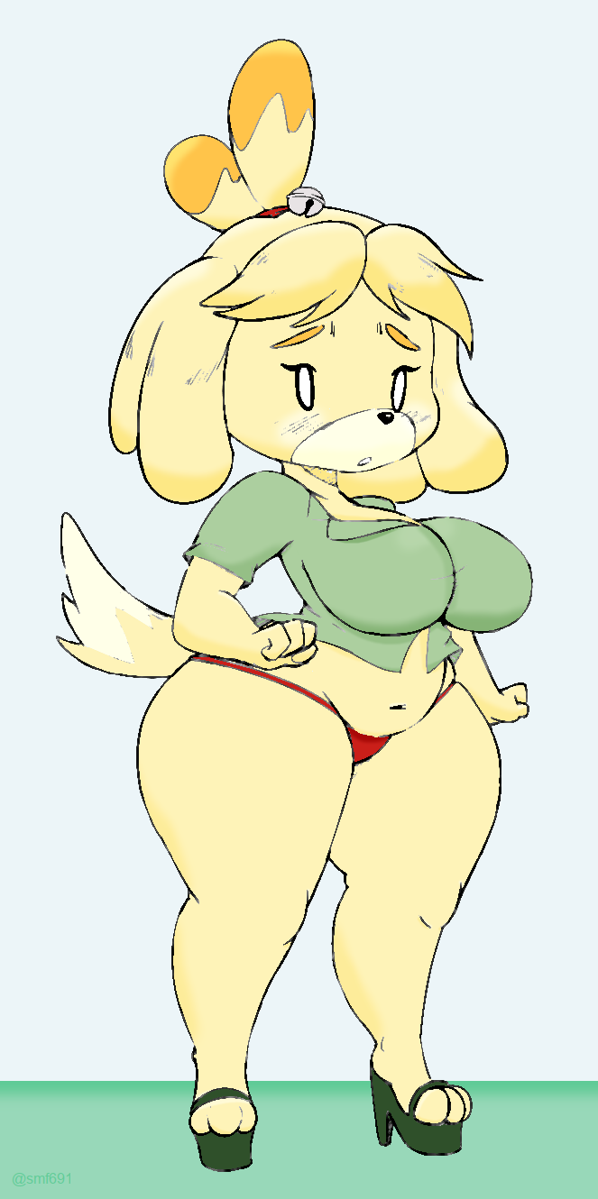 1girls, 2019, animal crossing, anthro, ass, breasts, canine, colored, dressed, female, female only, high heels, impossible clothes, impossible fit, isabelle (animal crossing), large ass, large breasts, large hips, nintendo, purple yoshi draws, shortstack, slightly chubby, solo, solo female, thick, traced, wide hips
