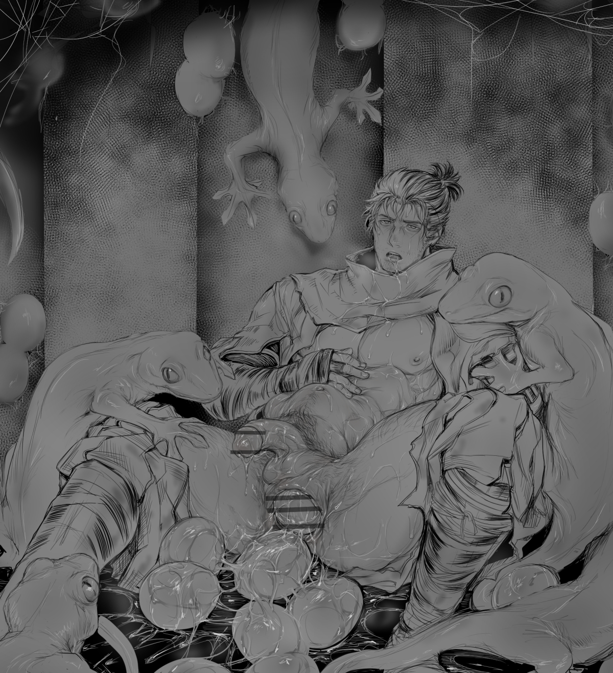 1boy, 2019, anal, anal egg laying, anus, ass, balls, bara, boots, deformation, digital media (artwork), egg, egg laying, feral, frog, fromsoftware, gay, gecko, hairy, inflation, insurance, larger male, male, male only, mammal, medium hair, medium penis, monochrome, muscular, muscular male, nipples, open mouth, penis, penis out, pleasure, pleasure face, pleasured, pubic hair, sekiro, sekiro: shadows die twice, size difference, stomach bulge, taro007, tarowo, testicles, tied hair, yaoi, zoophilia