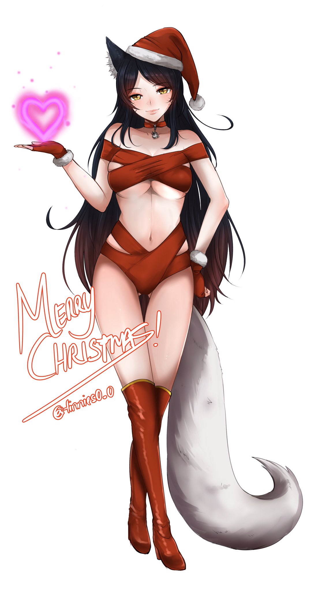 1girls, ahri, breasts, christmas, cleavage, female, female only, league of legends, looking at viewer, santa hat, solo, tinnies