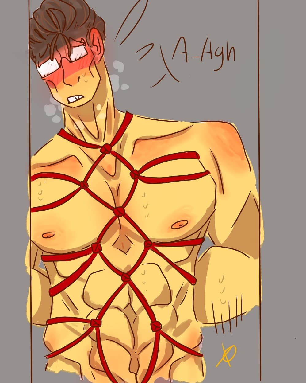 1boy 2d black_hair blush bondage countryhumans germany germany_(countryhumans) glasses hair male male_only muscles muscular nose red_rope solo sweat sweatdrop sweating tied_up