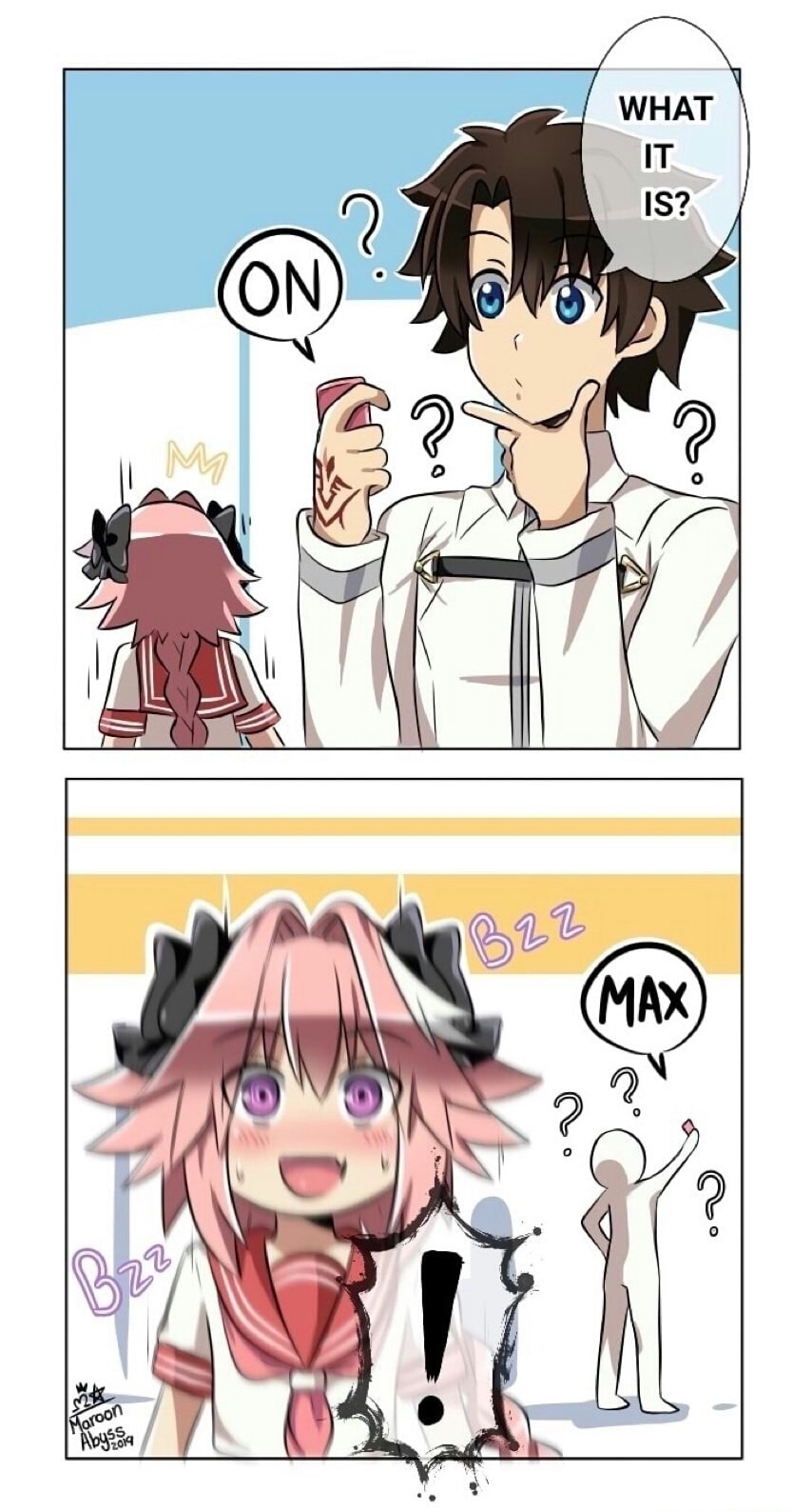 2boys, ambiguous gender, astolfo (fate), blue eyes, braid, color, comic, crossdressing, english, fate (series), fujimaru ritsuka (male), funny, gay, gay male, hairbow, male, male only, male penetrated, male with male, pink hair, purple eyes, serafuku, trap, unaware, unknown gender, vibrator, vibrator under clothes, violet eyes, yaoi