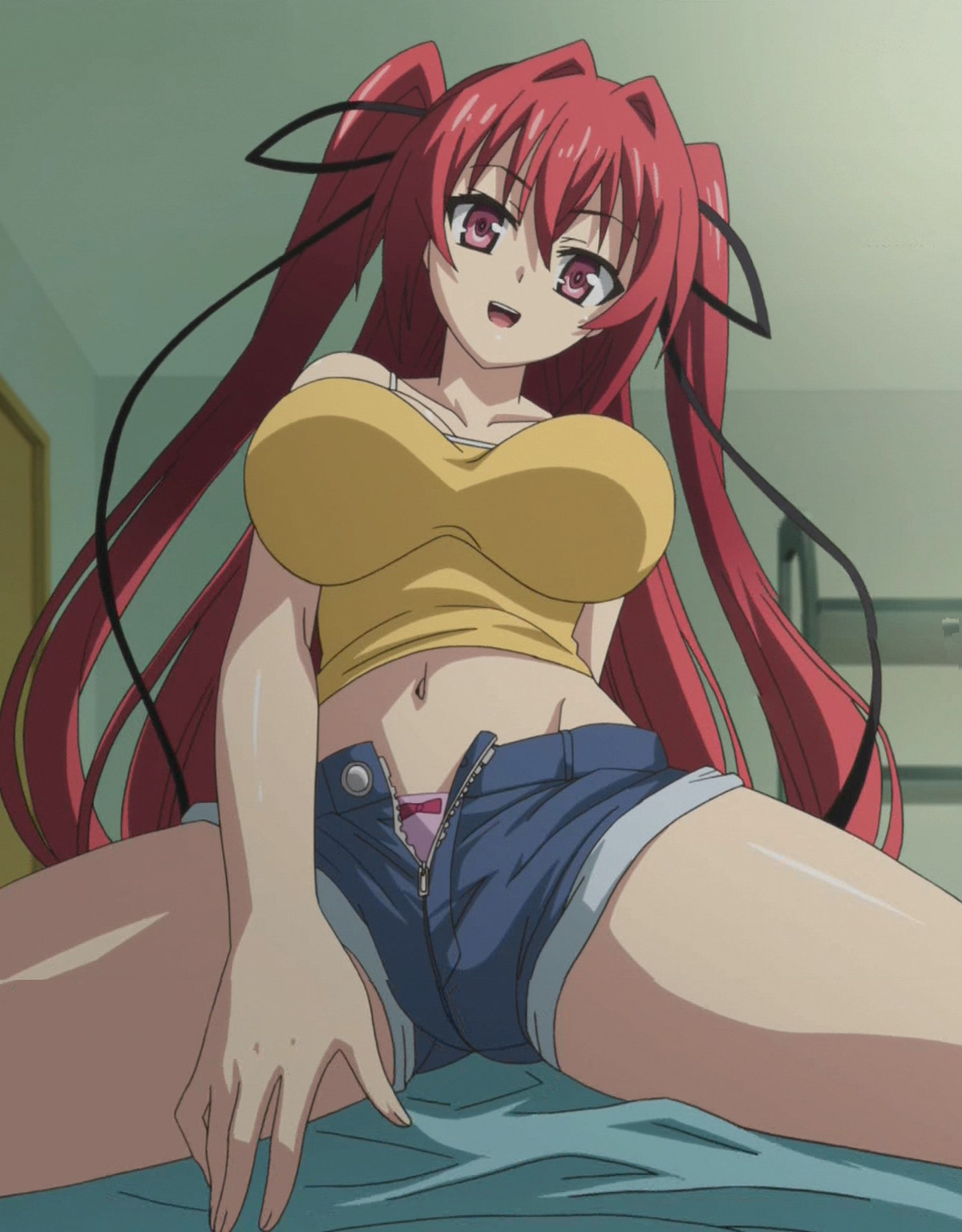 2015, anime screencap, demon, demon girl, female, long hair, naruse mio, panties, production ims, red eyes, red hair, screencap, screenshot, shinmai maou no testament, shorts, tied hair, twintails, underwear